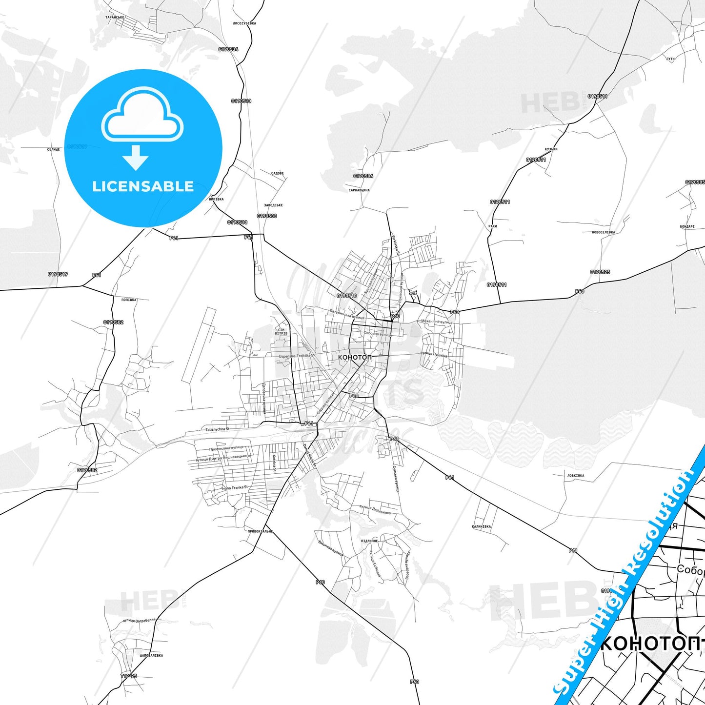 Konotop, Ukraine light map with streetnames, citynames and districts