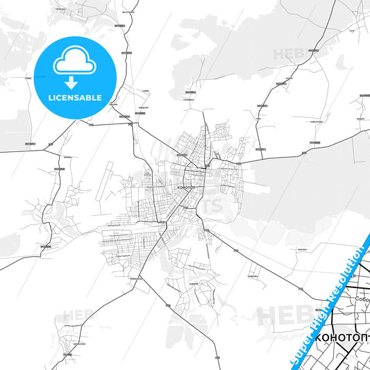 Konotop, Ukraine light map with streetnames, citynames and districts