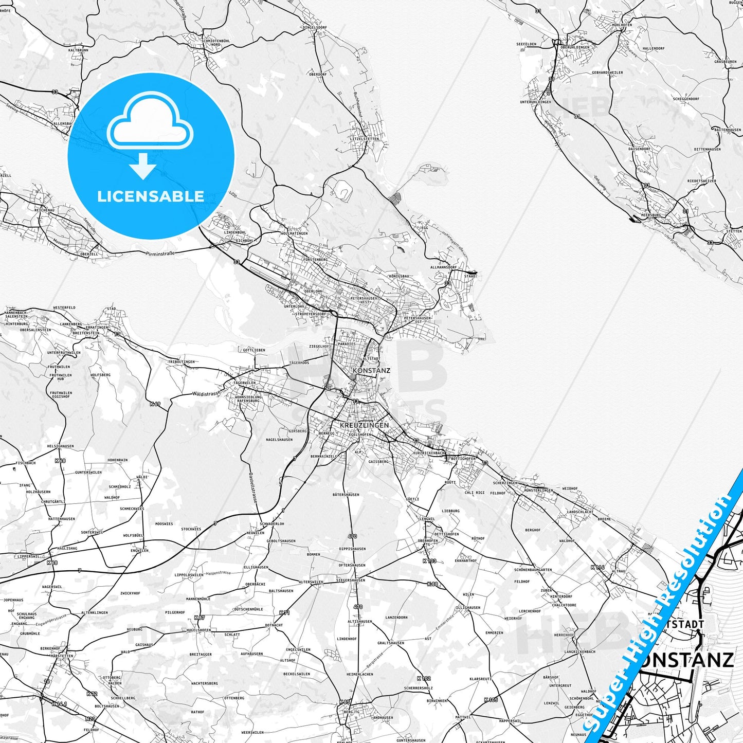 Konstanz, Germany light map with streetnames, citynames and districts