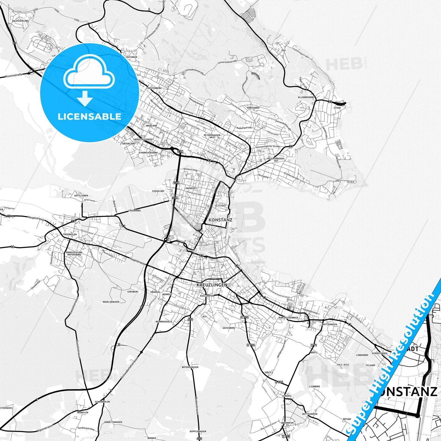 Konstanz, Germany Light Map with Street Names, City Names, and Districts