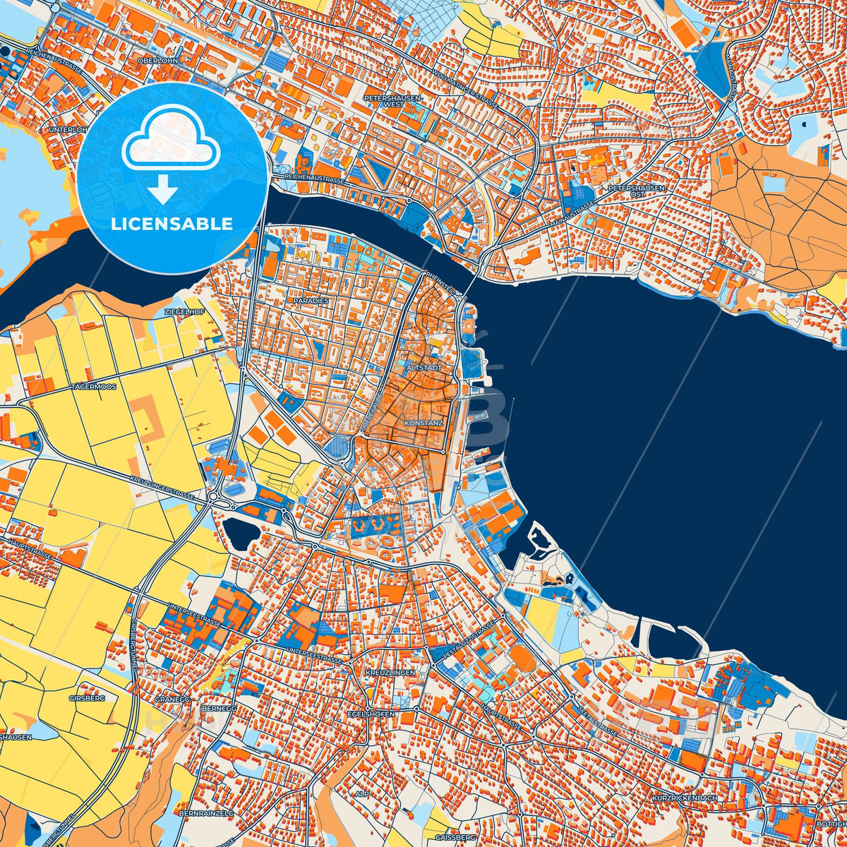 Colorful Konstanz Street Map with Labels and Buildings