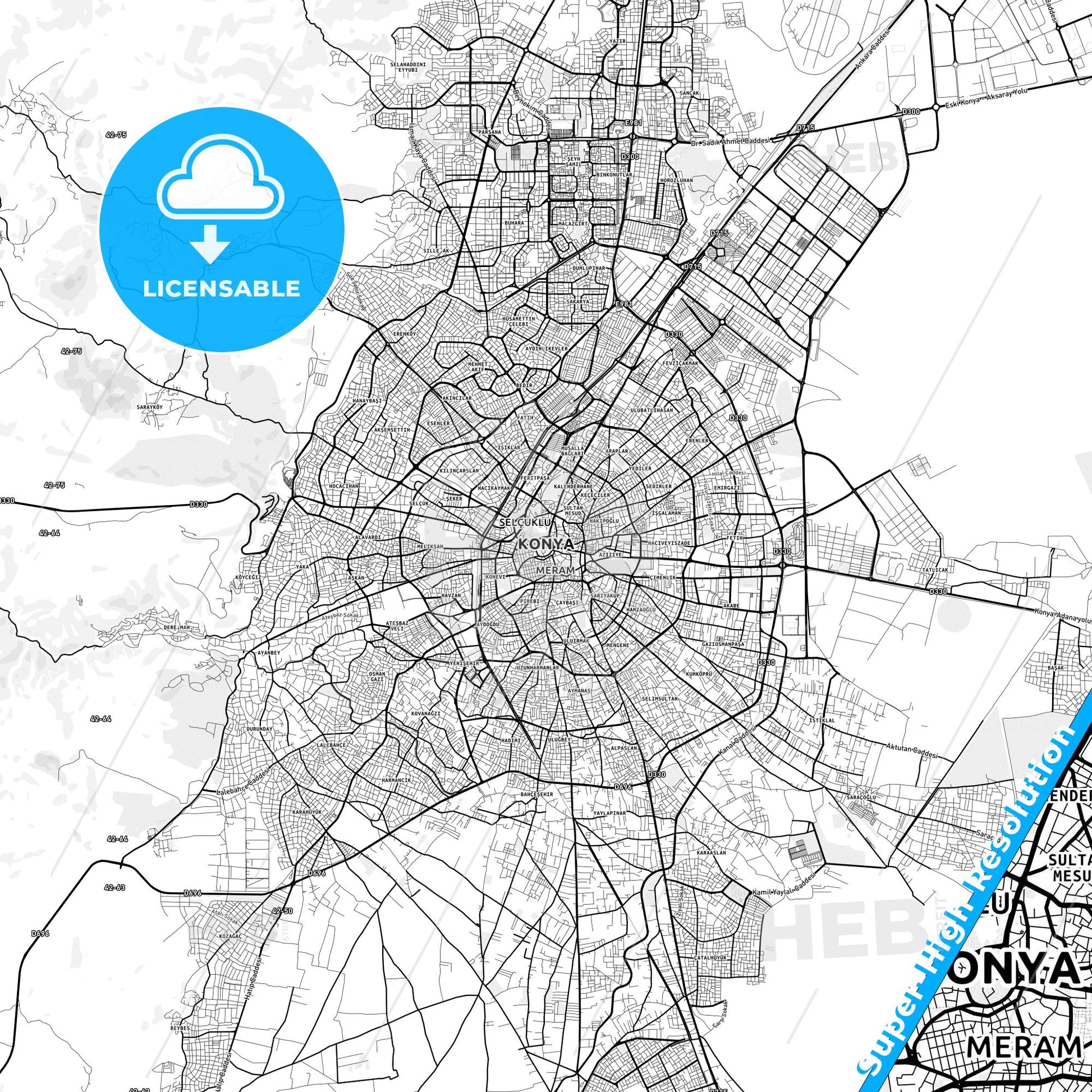 Konya, Turkey light map with streetnames, citynames and districts