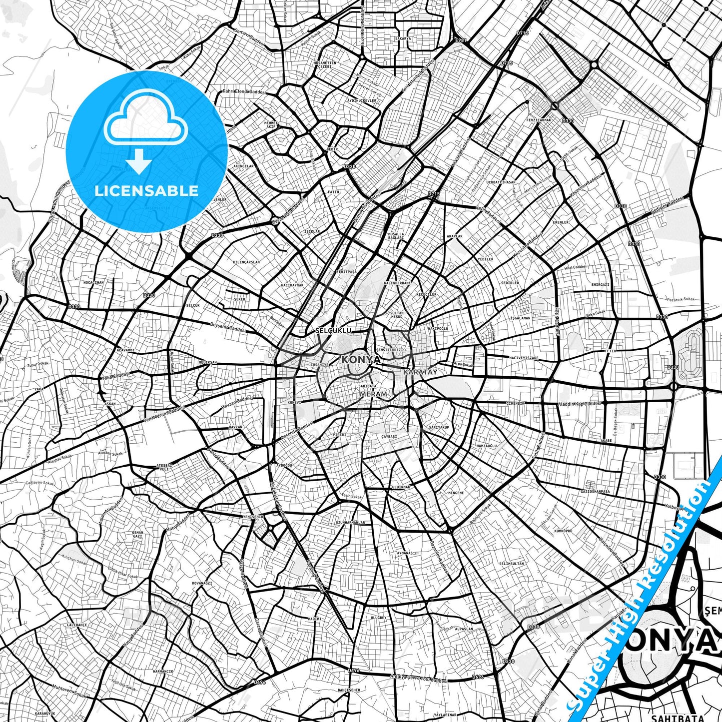 Konya, Turkey Light Map with Street Names, City Names, and Districts