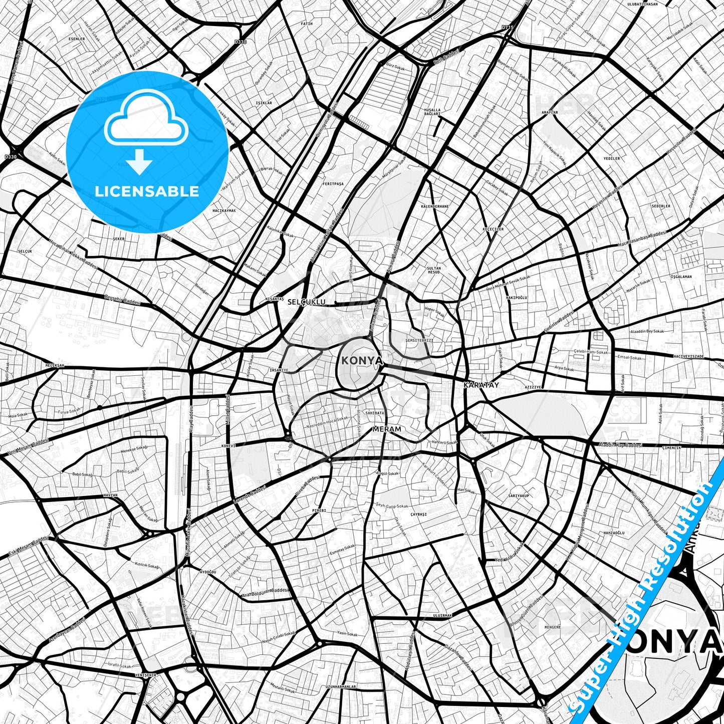 Konya, Turkey Light Map with Street Names, City Names, and Districts