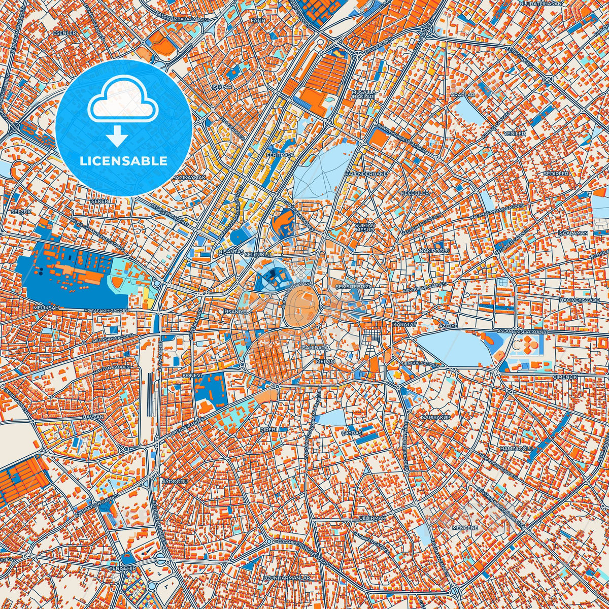 Colorful Konya Street Map with Labels and Buildings