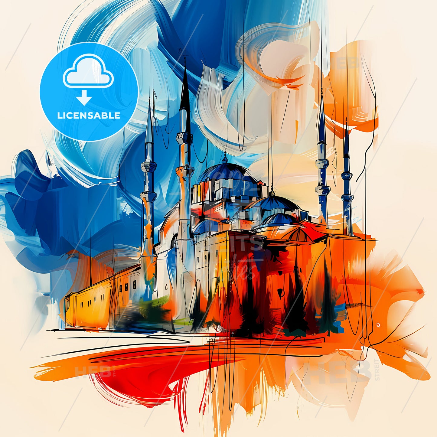 Vibrant Konya, Turkey - A Painting Of A Building With Towers And Blue And Orange Colors