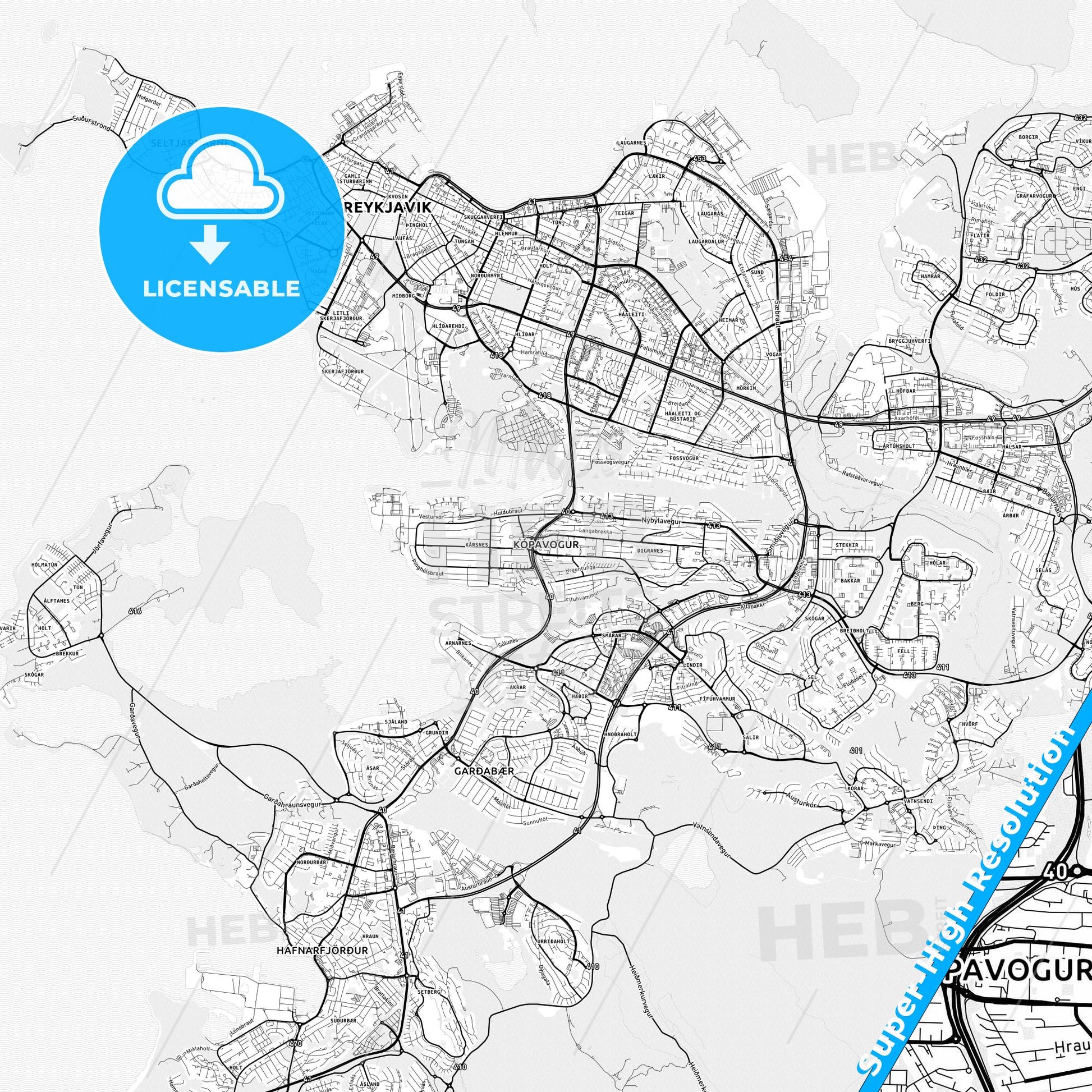 Kópavogur, Iceland light map with streetnames, citynames and districts