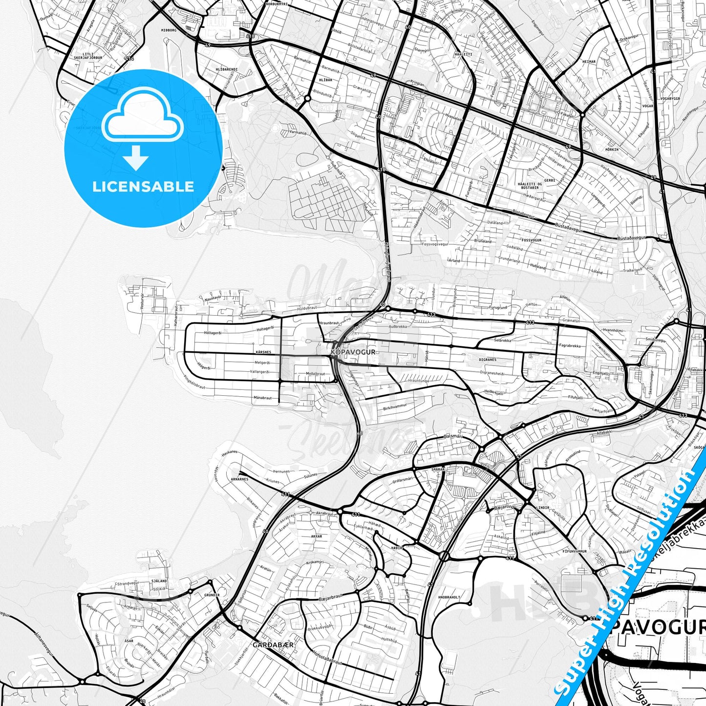 Kópavogur, Iceland Light Map with Street Names, City Names, and Districts