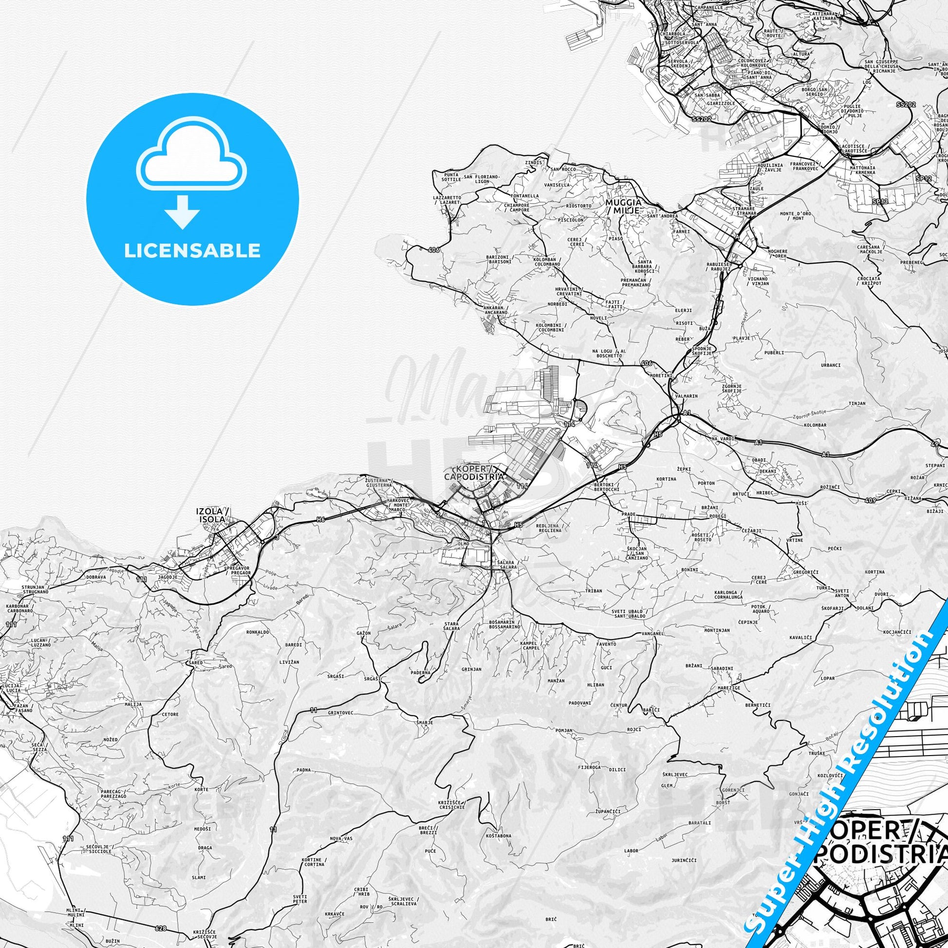 Koper, Slovenia light map with streetnames, citynames and districts