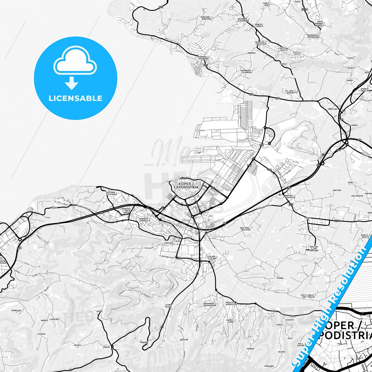 Koper, Slovenia Light Map with Street Names, City Names, and Districts