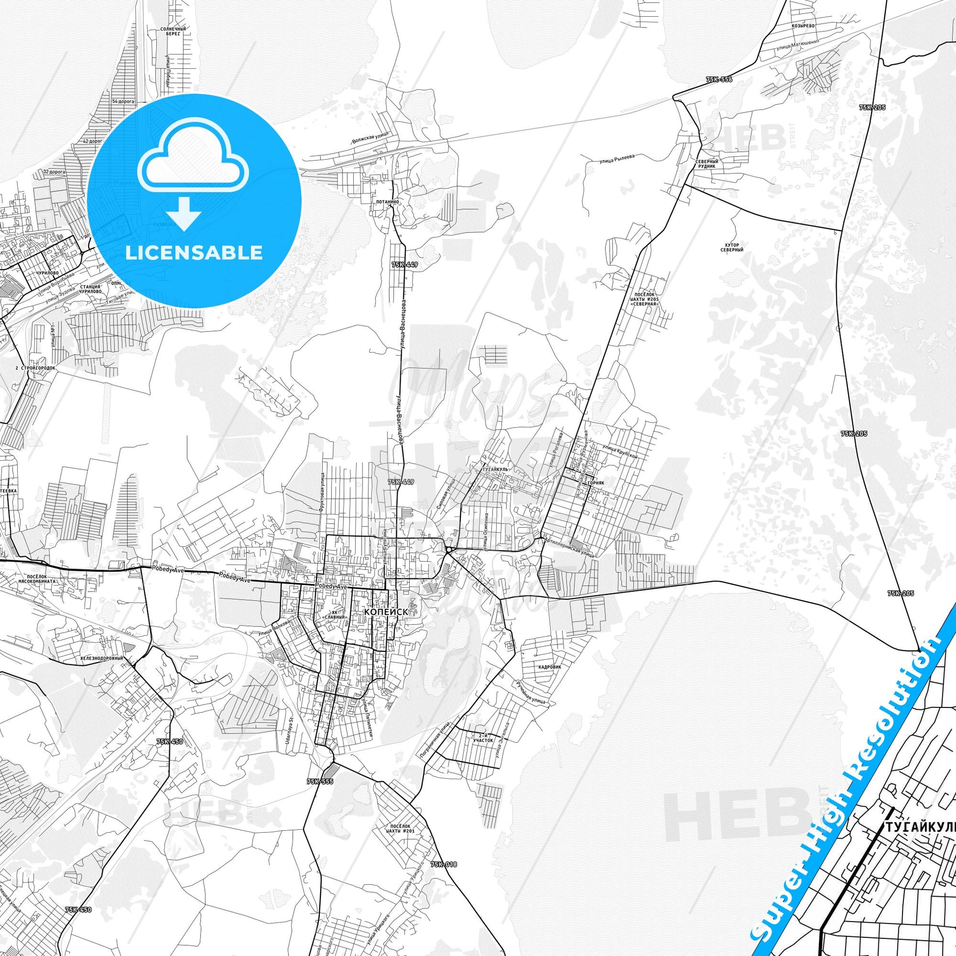 Kopeysk, Russia light map with streetnames, citynames and districts