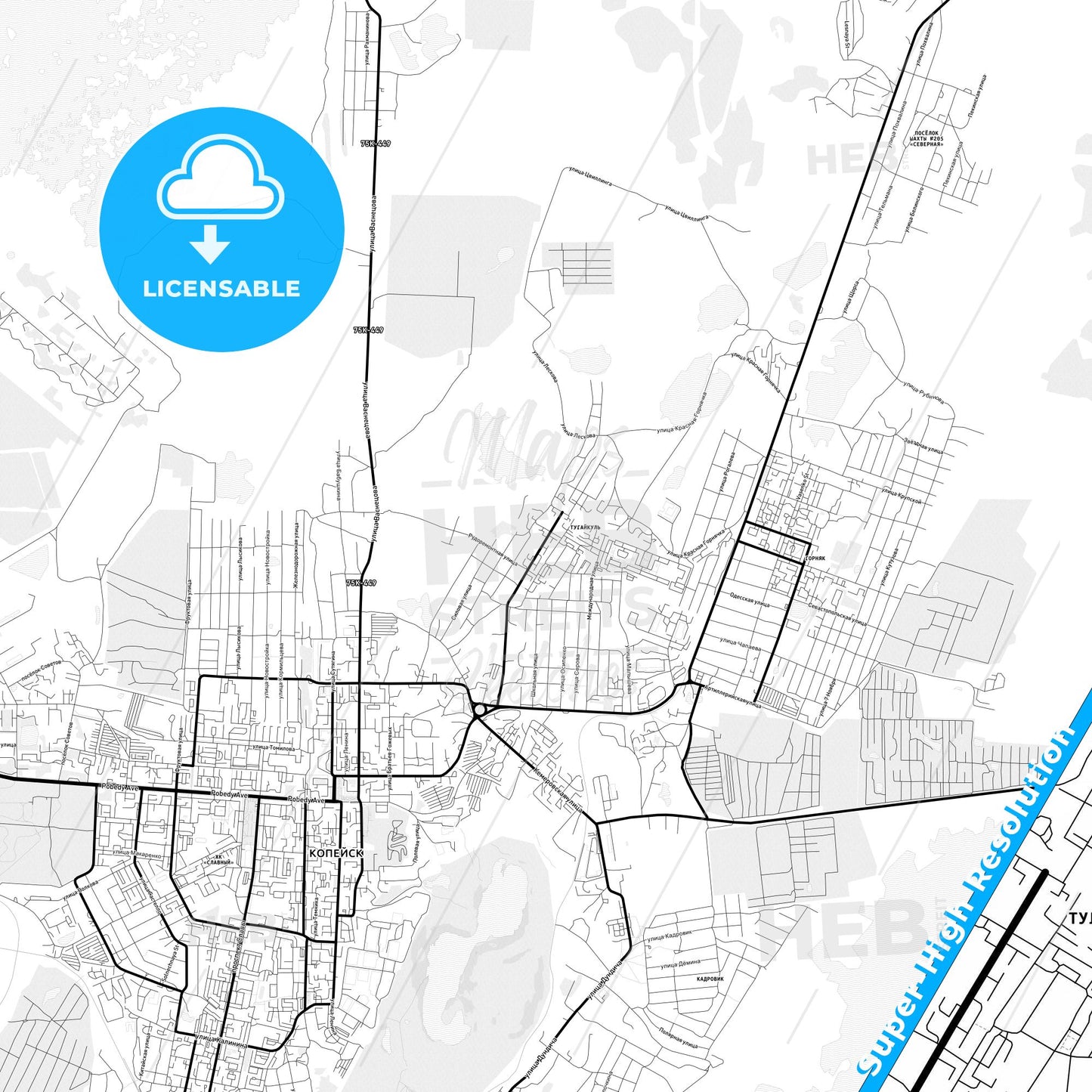 Kopeysk, Russia Light Map with Street Names, City Names, and Districts