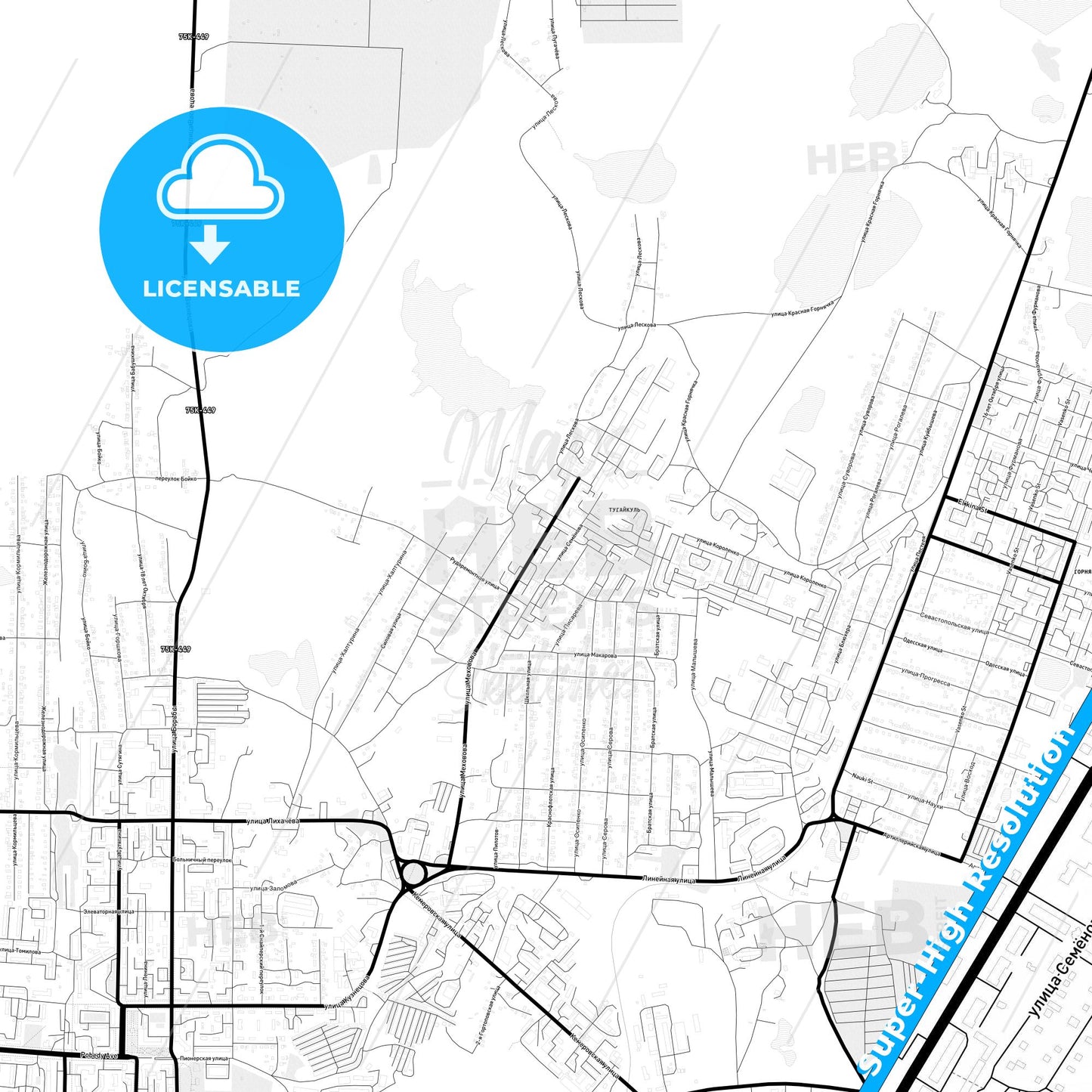 Kopeysk, Russia Light Map with Street Names, City Names, and Districts