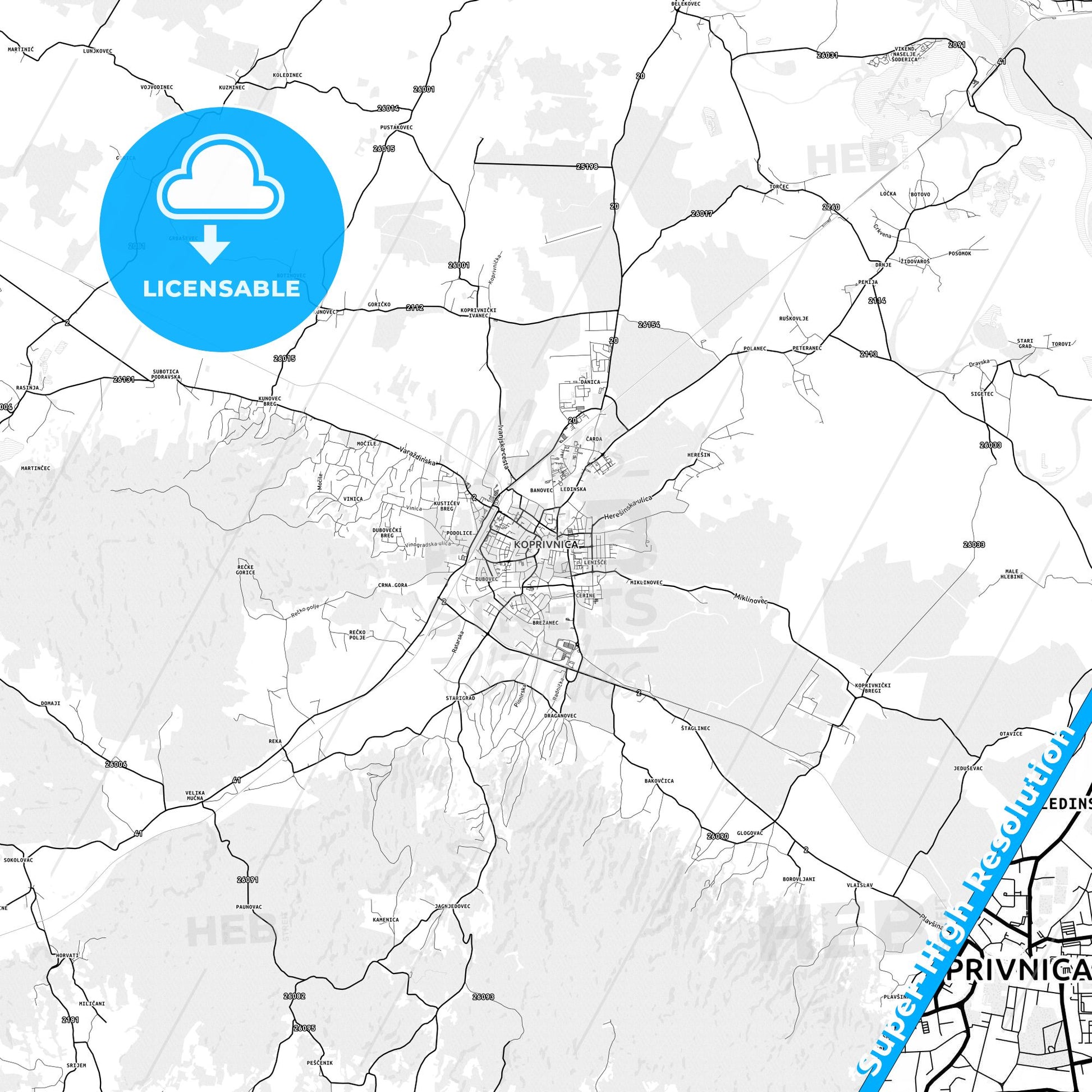Koprivnica, Croatia light map with streetnames, citynames and districts