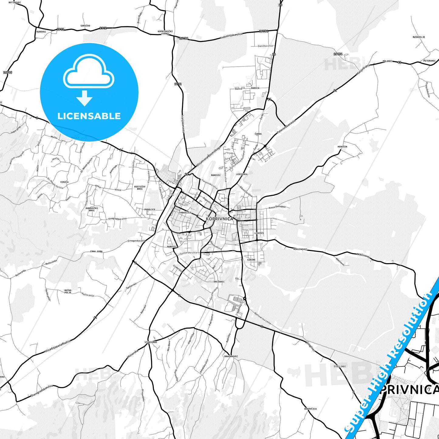 Koprivnica, Croatia Light Map with Street Names, City Names, and Districts