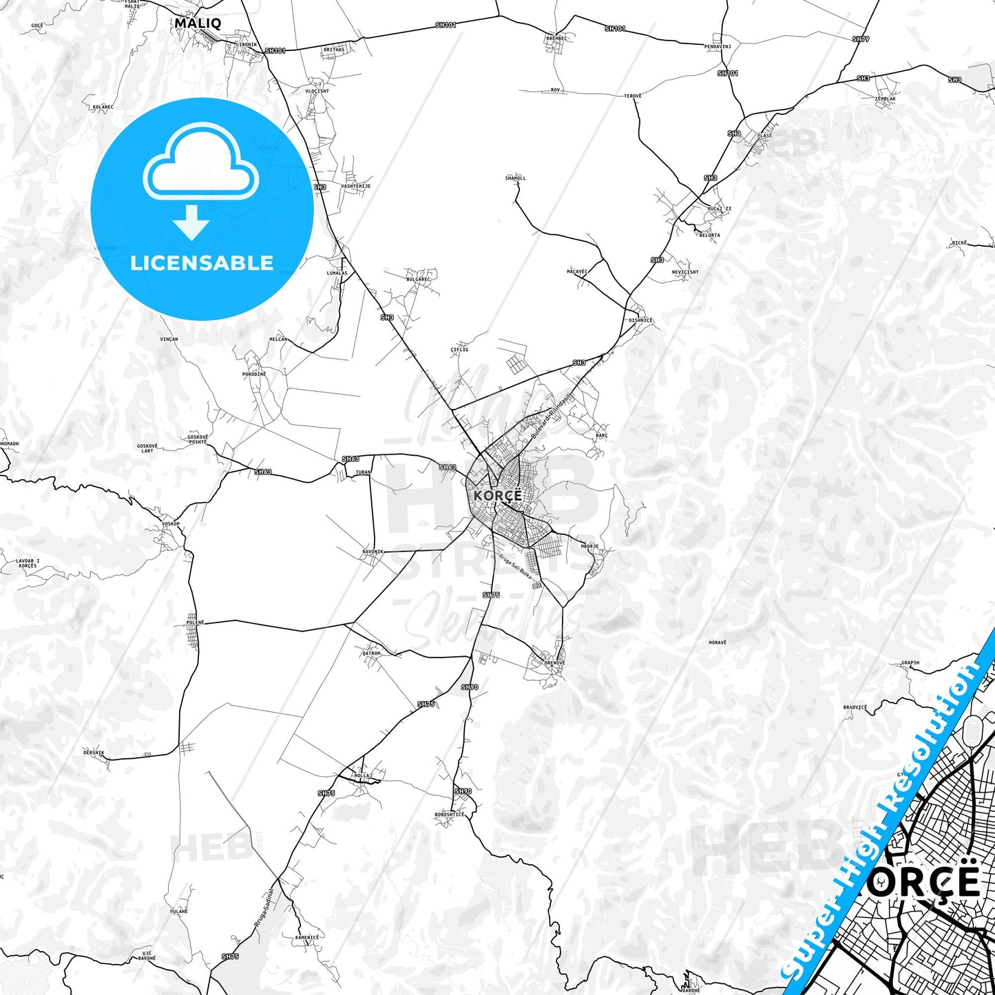 Korçë, Albania light map with streetnames, citynames and districts