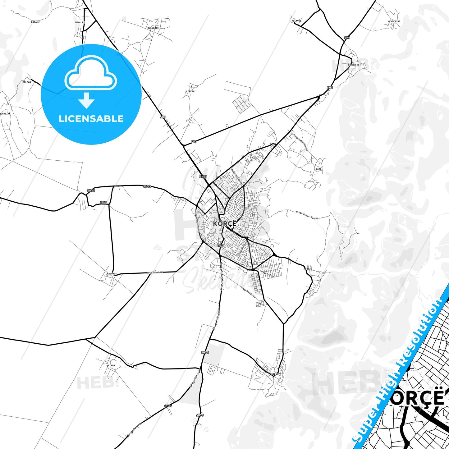 Korçë, Albania Light Map with Street Names, City Names, and Districts
