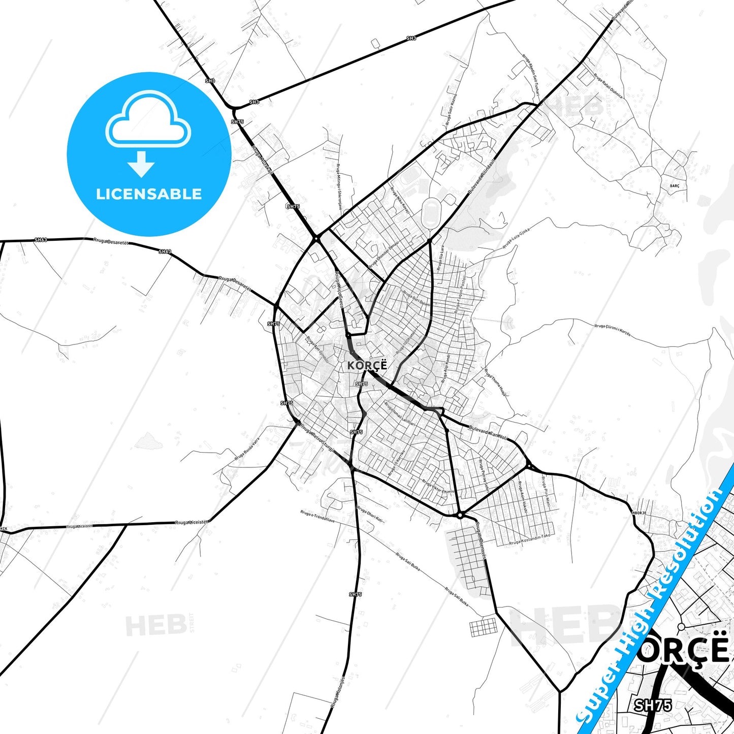 Korçë, Albania Light Map with Street Names, City Names, and Districts