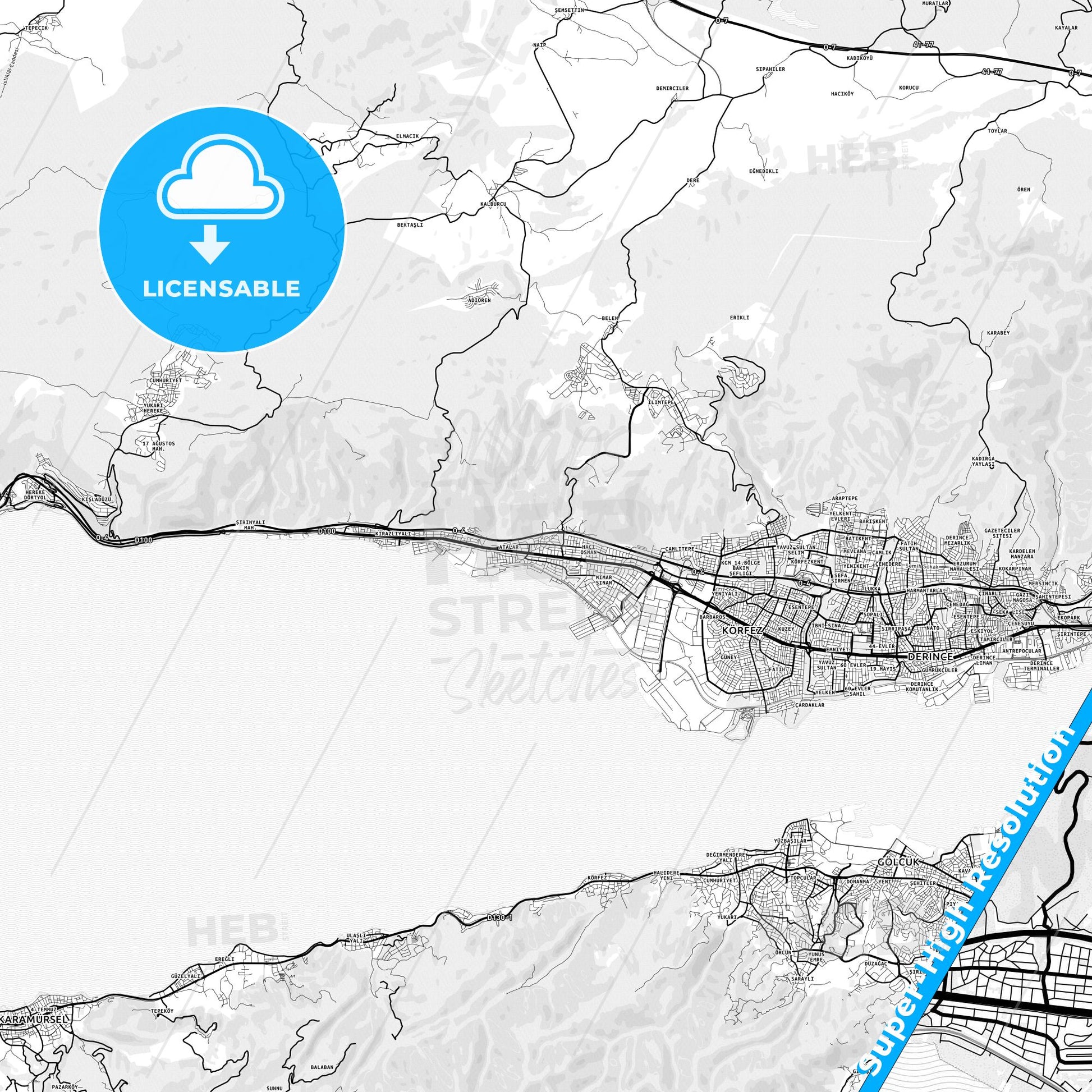 Körfez, Turkey light map with streetnames, citynames and districts