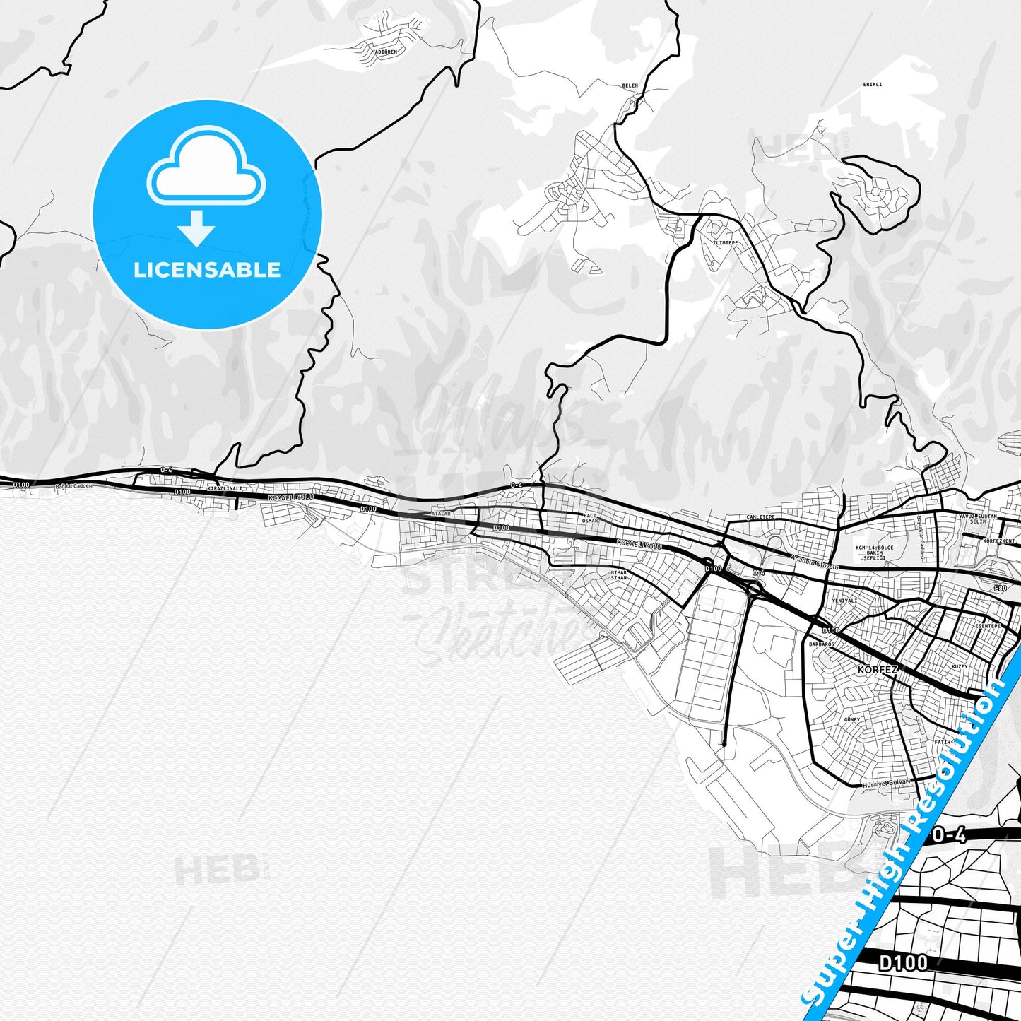 Körfez, Turkey Light Map with Street Names, City Names, and Districts
