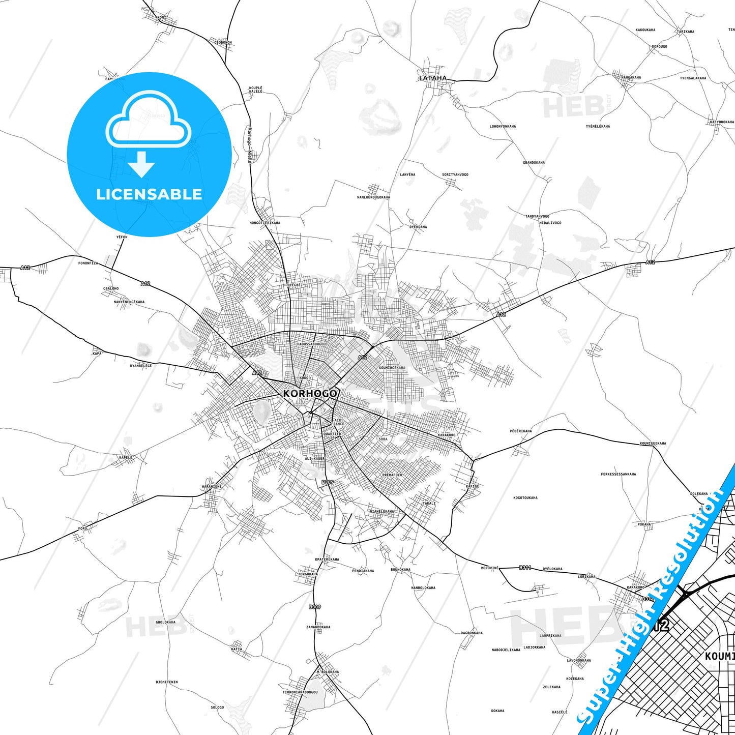 Korhogo, Ivory Coast light map with streetnames, citynames and districts