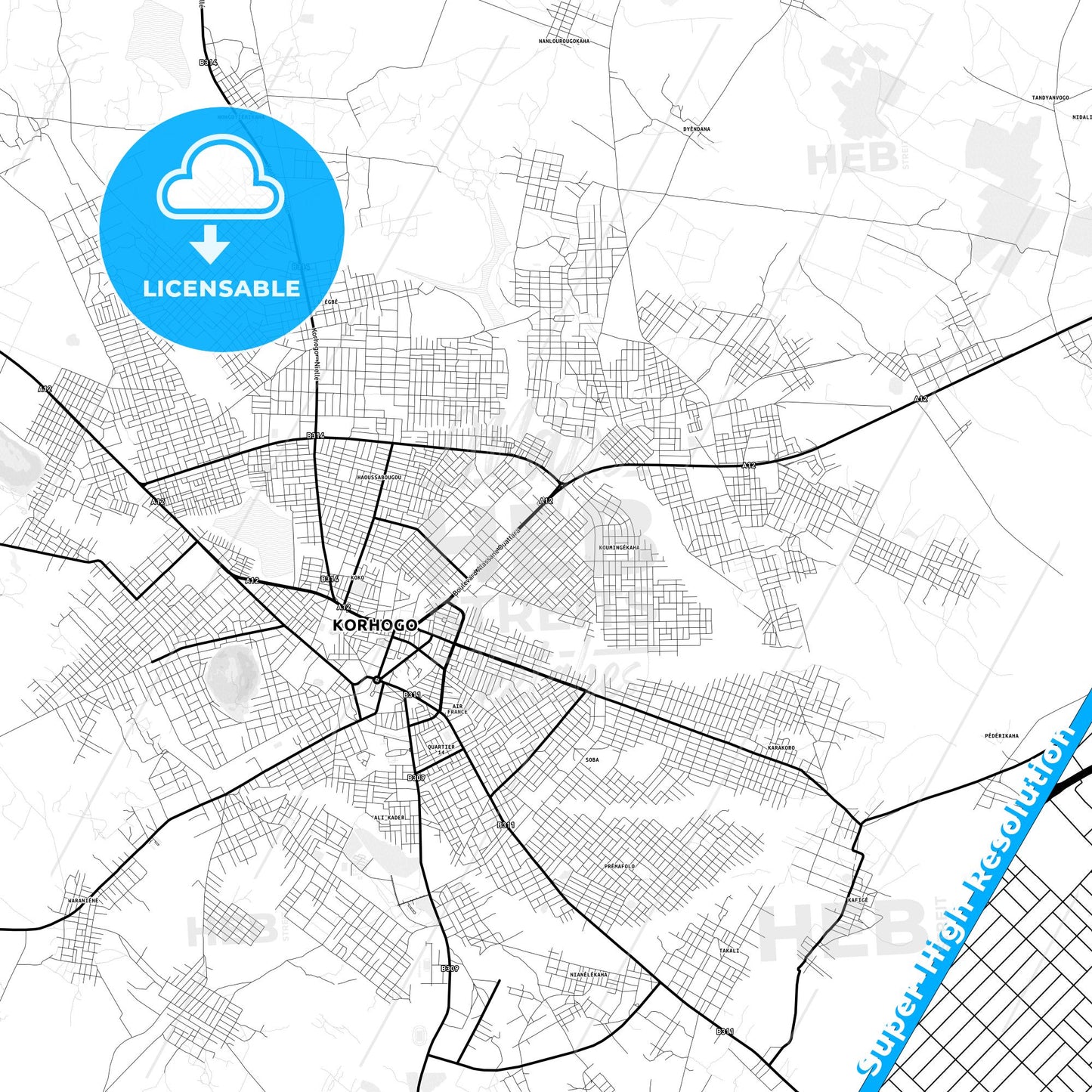 Korhogo, Ivory Coast Light Map with Street Names, City Names, and Districts