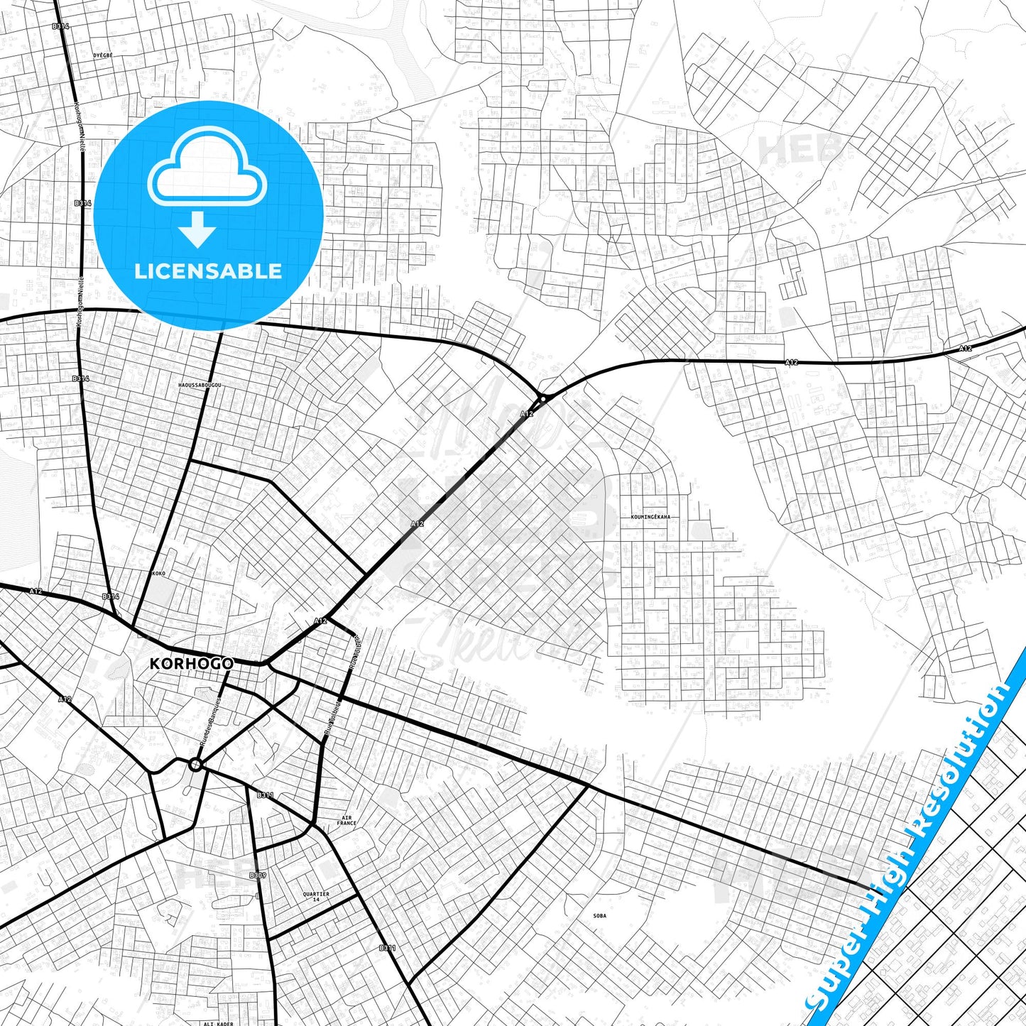 Korhogo, Ivory Coast Light Map with Street Names, City Names, and Districts