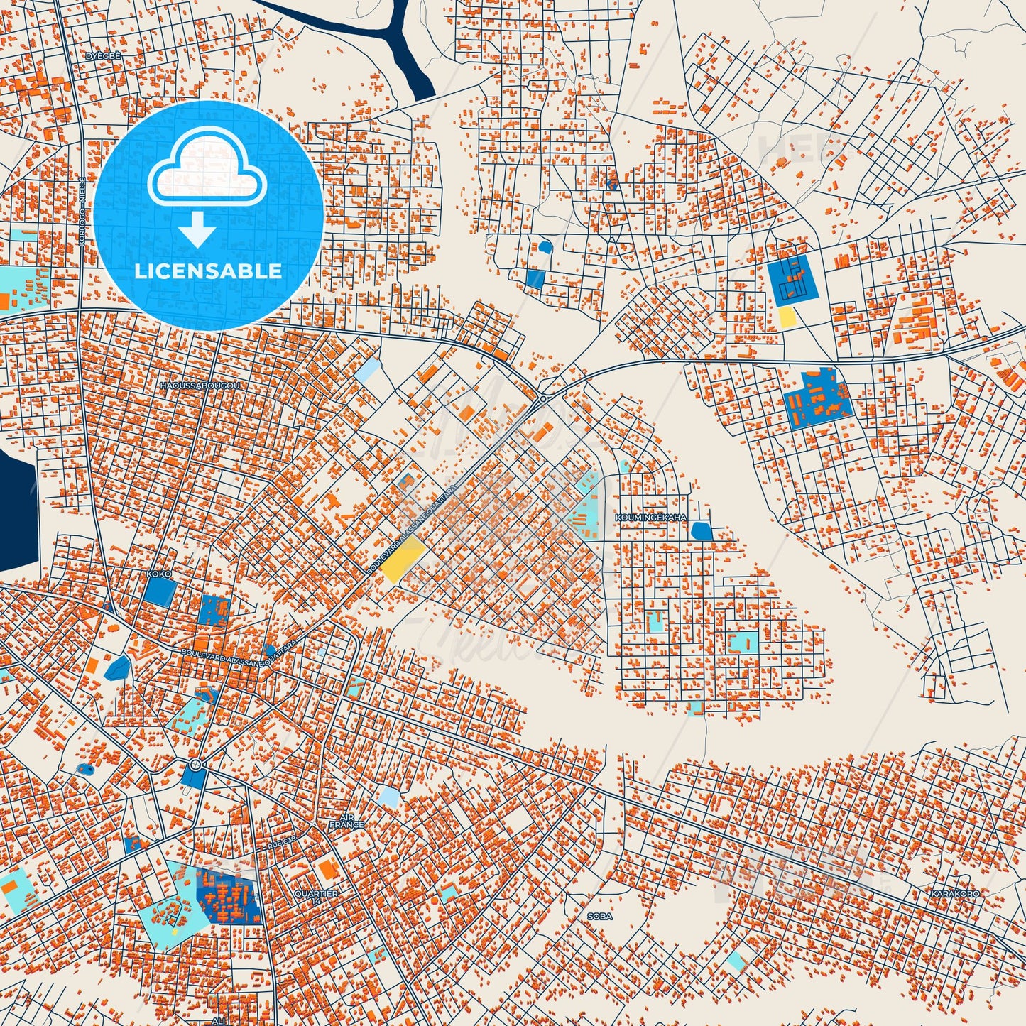 Colorful Korhogo Street Map with Labels and Buildings
