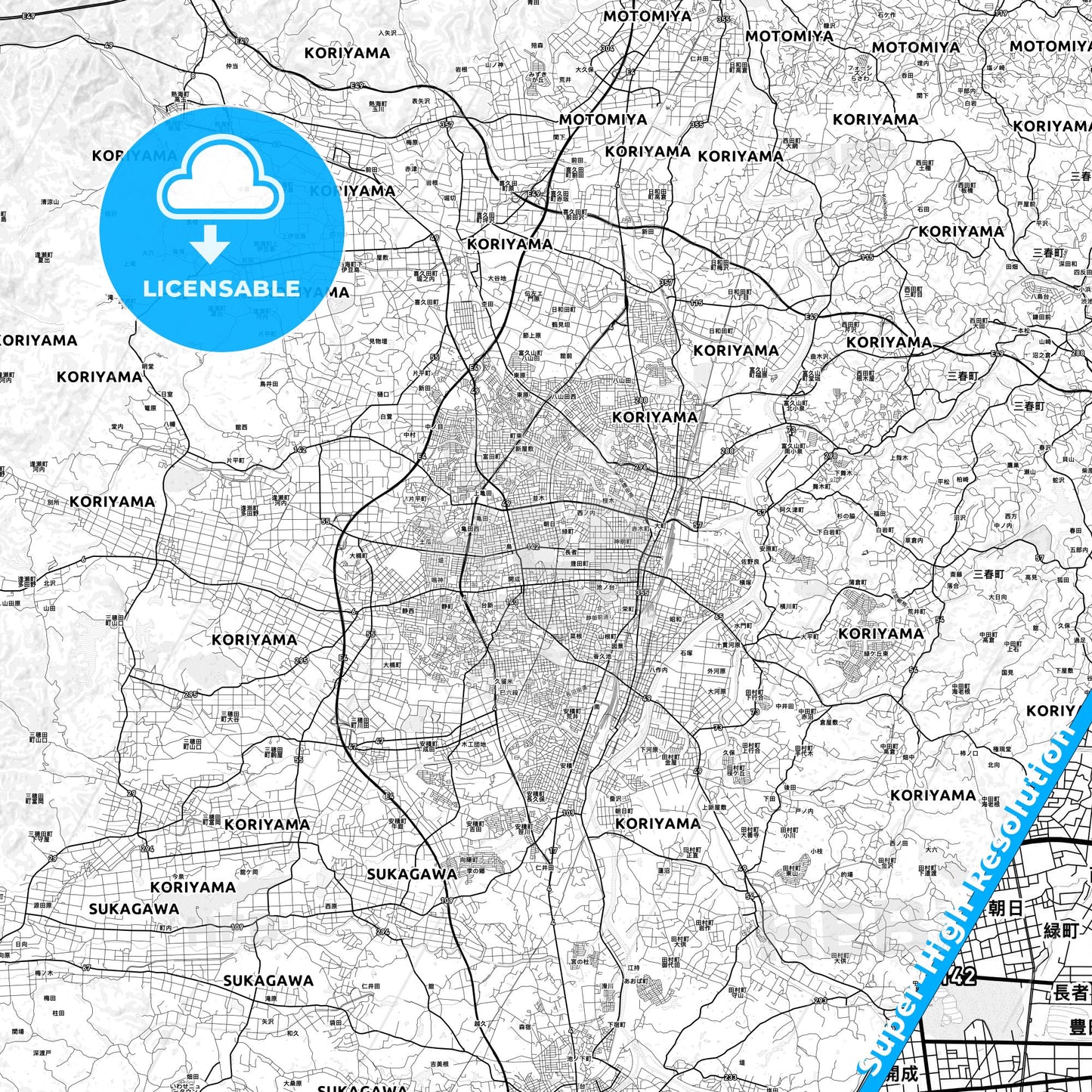 Kōriyama, Japan light map with streetnames, citynames and districts