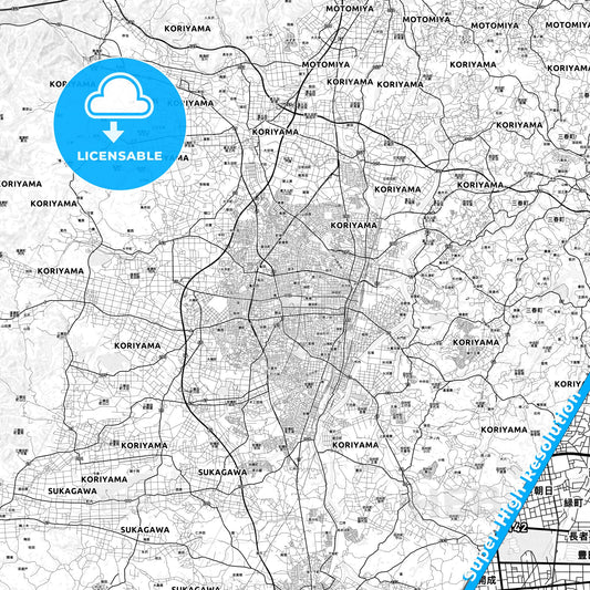 Kōriyama, Japan light map with streetnames, citynames and districts