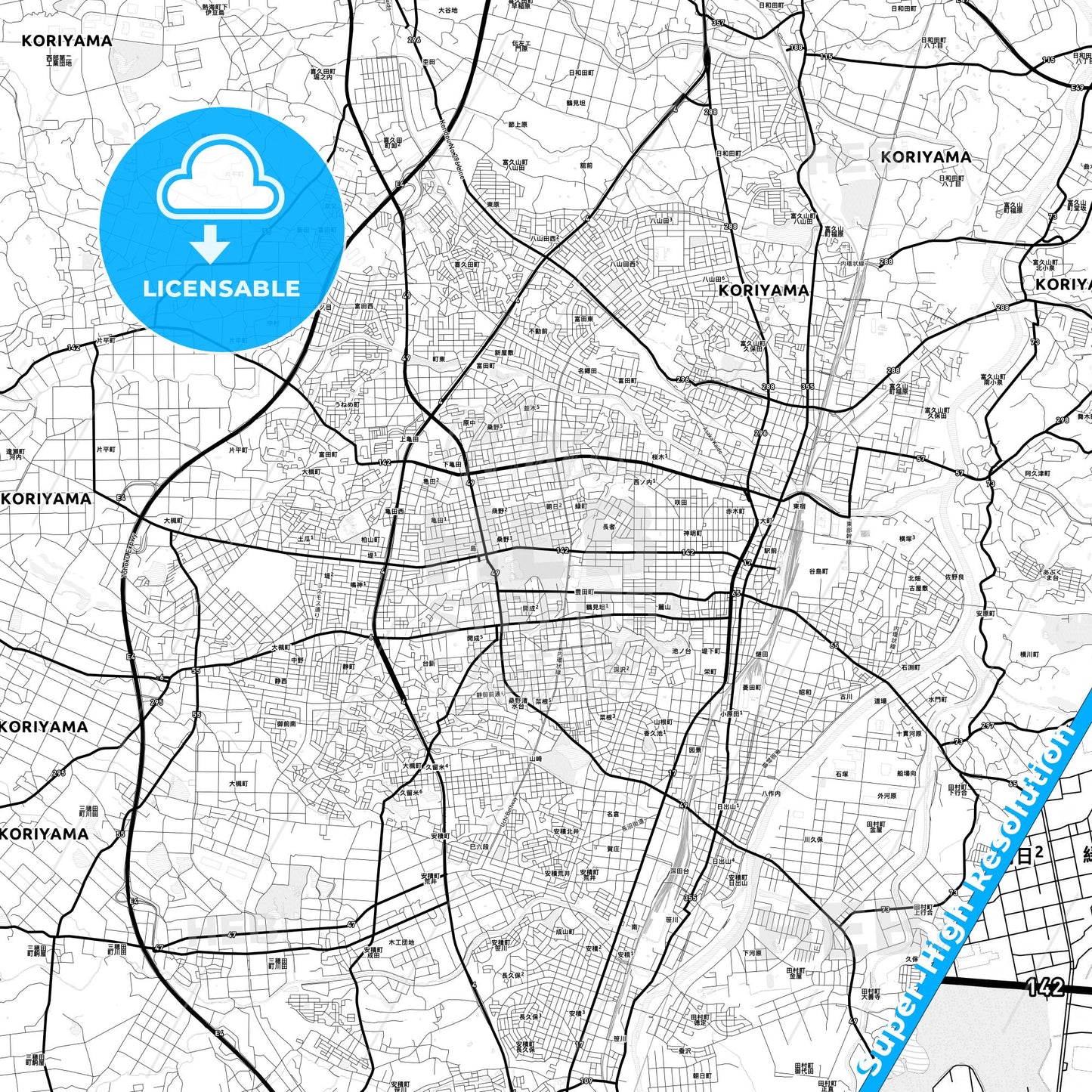 Kōriyama, Japan Light Map with Street Names, City Names, and Districts