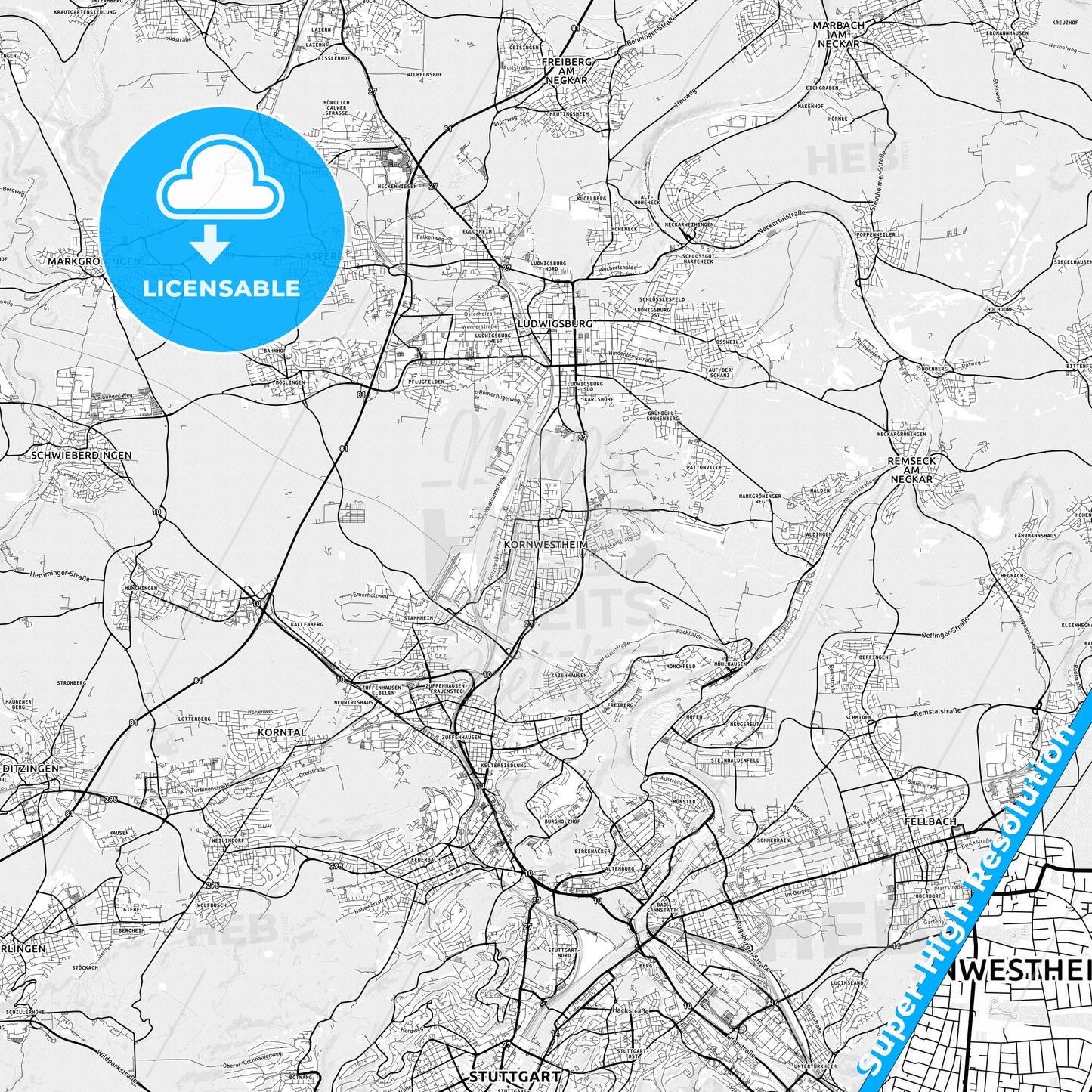 Kornwestheim, Germany light map with streetnames, citynames and districts