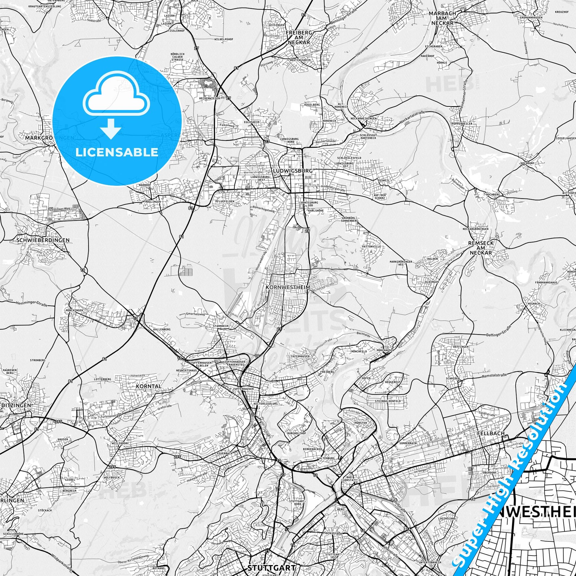 Kornwestheim, Germany light map with streetnames, citynames and districts