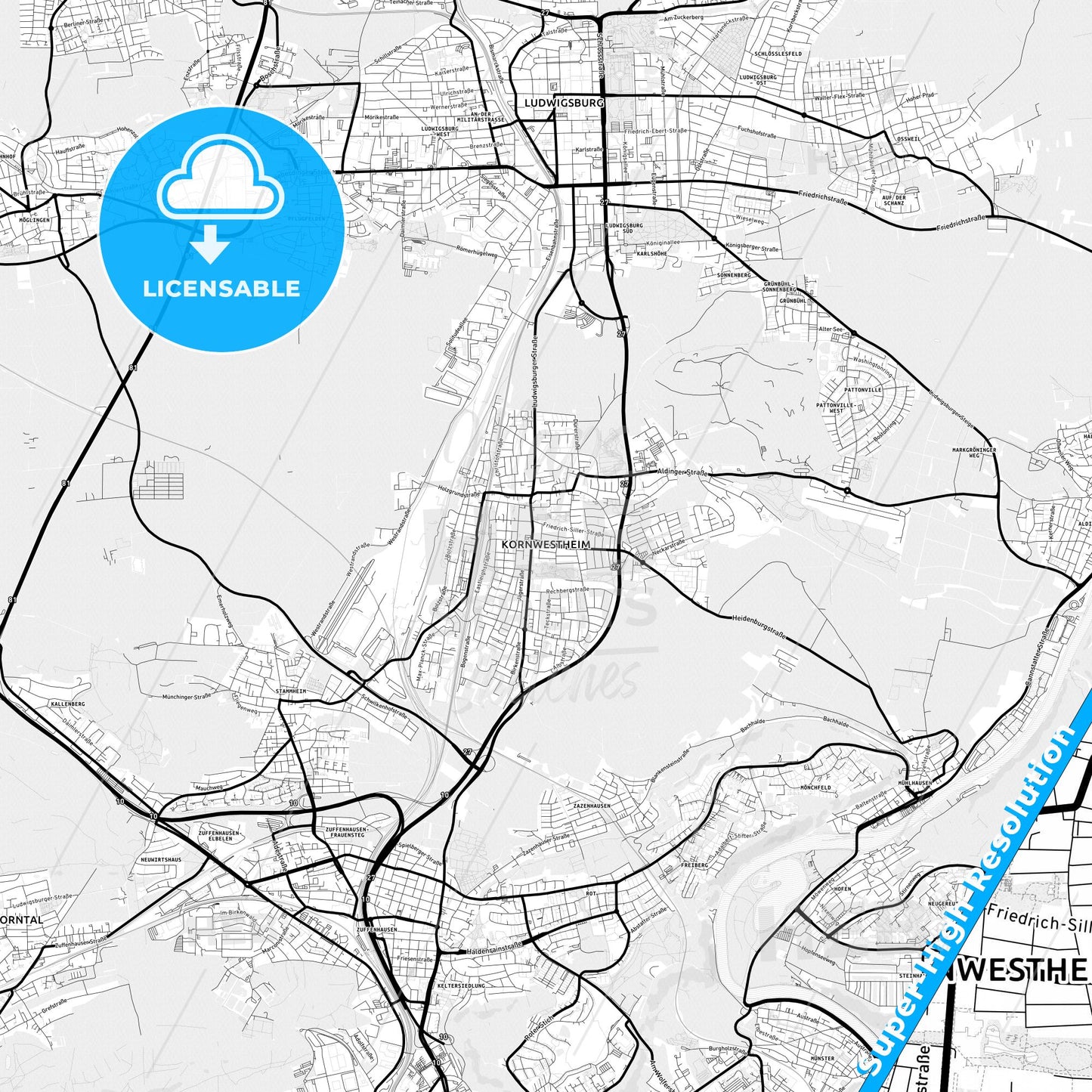 Kornwestheim, Germany Light Map with Street Names, City Names, and Districts