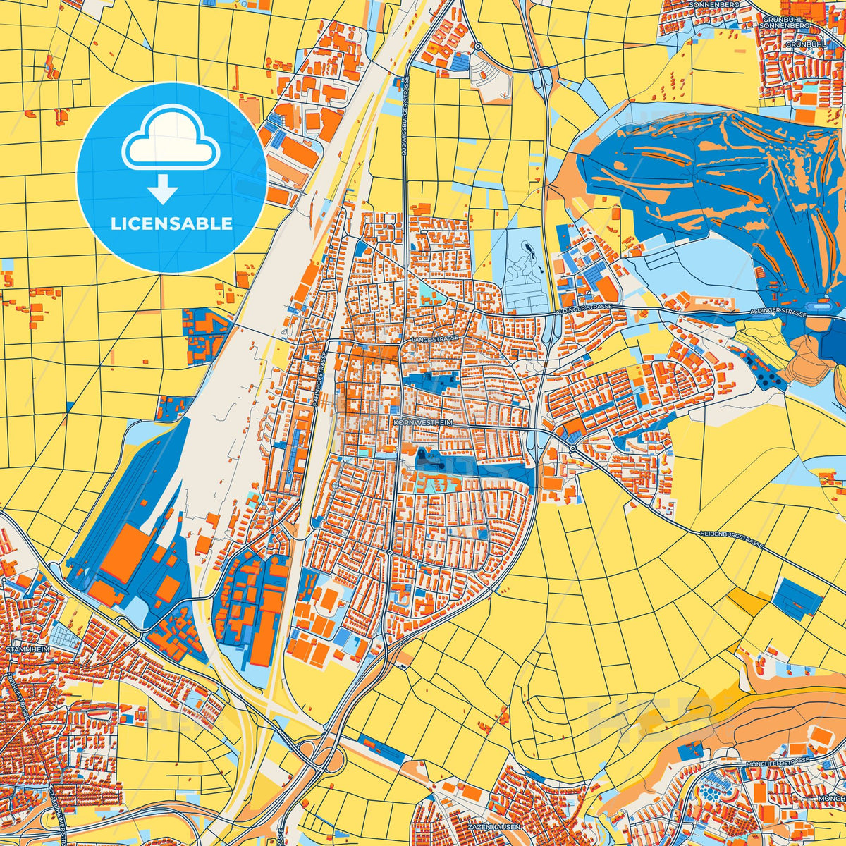 Colorful Kornwestheim Street Map with Labels and Buildings