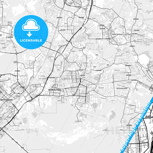 Korolyov, Russia light map with streetnames, citynames and districts