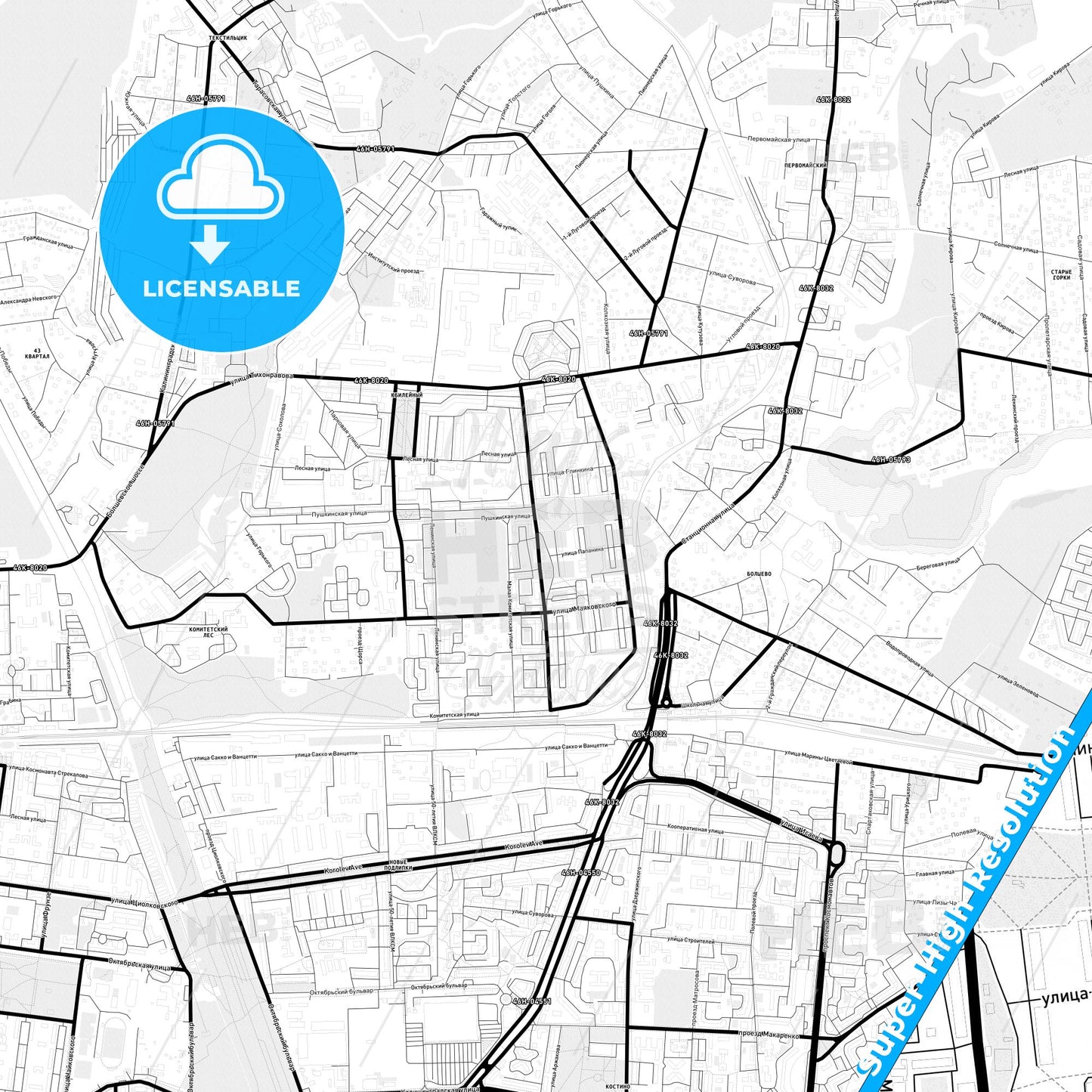 Korolyov, Russia Light Map with Street Names, City Names, and Districts