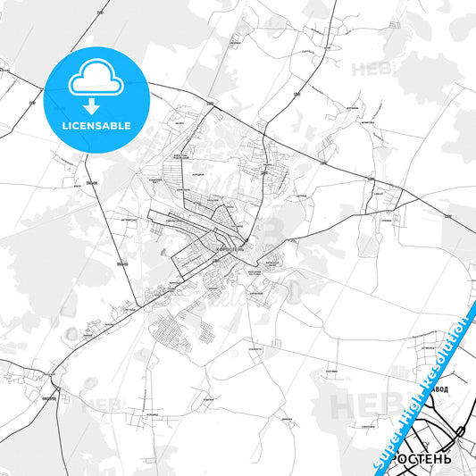 Korosten, Ukraine light map with streetnames, citynames and districts