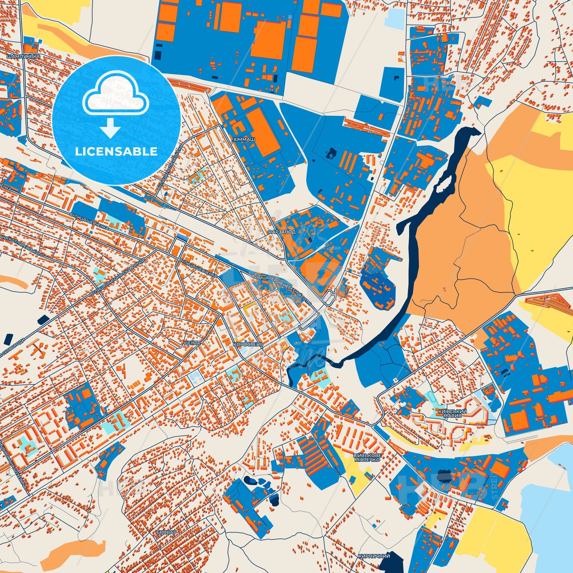 Colorful Korosten Street Map with Labels and Buildings