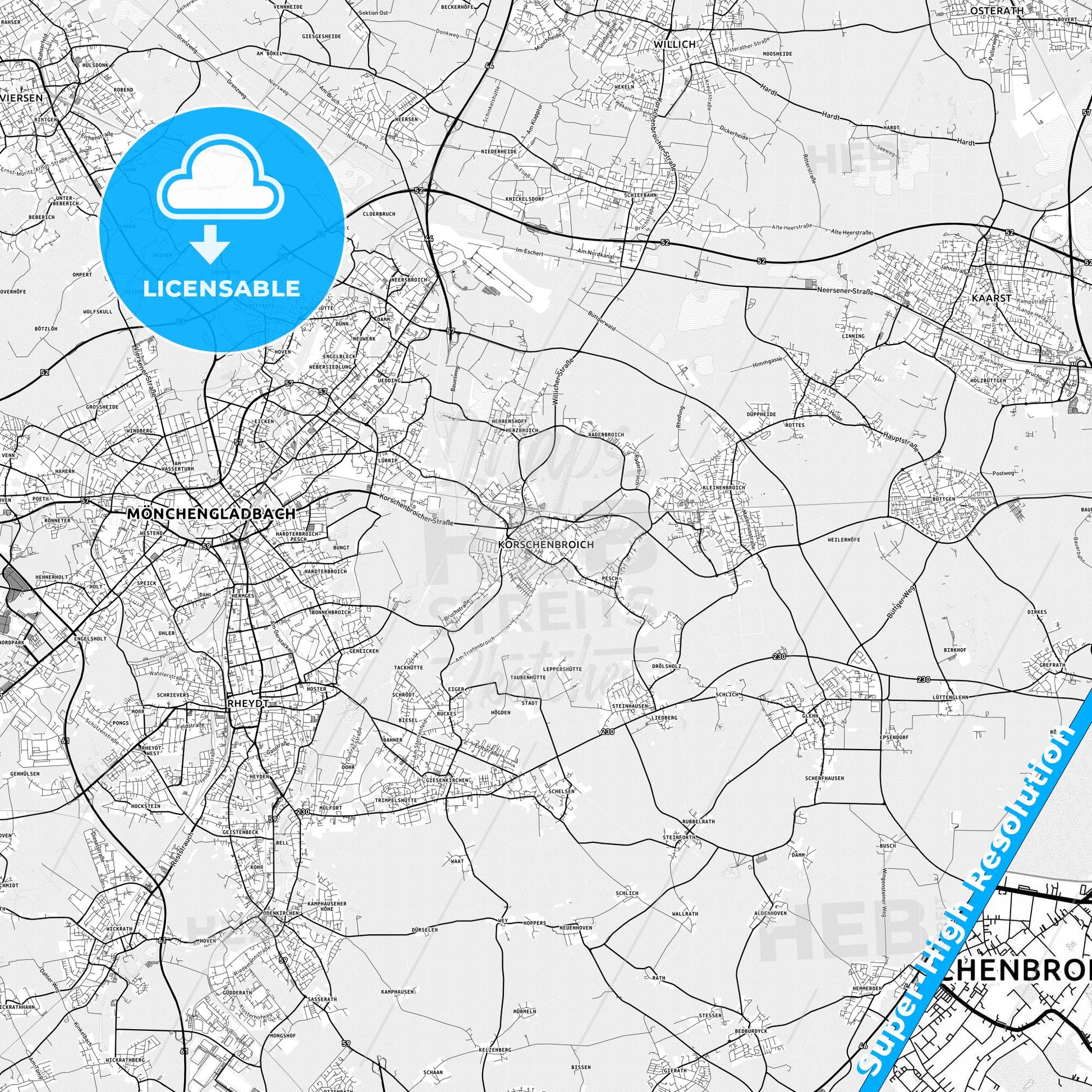 Korschenbroich, Germany light map with streetnames, citynames and districts