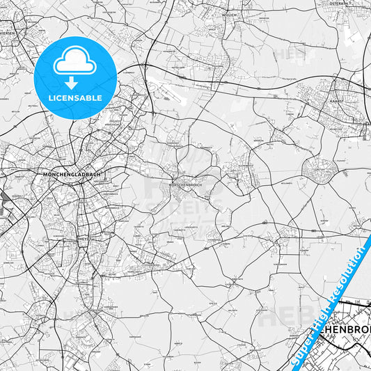 Korschenbroich, Germany light map with streetnames, citynames and districts