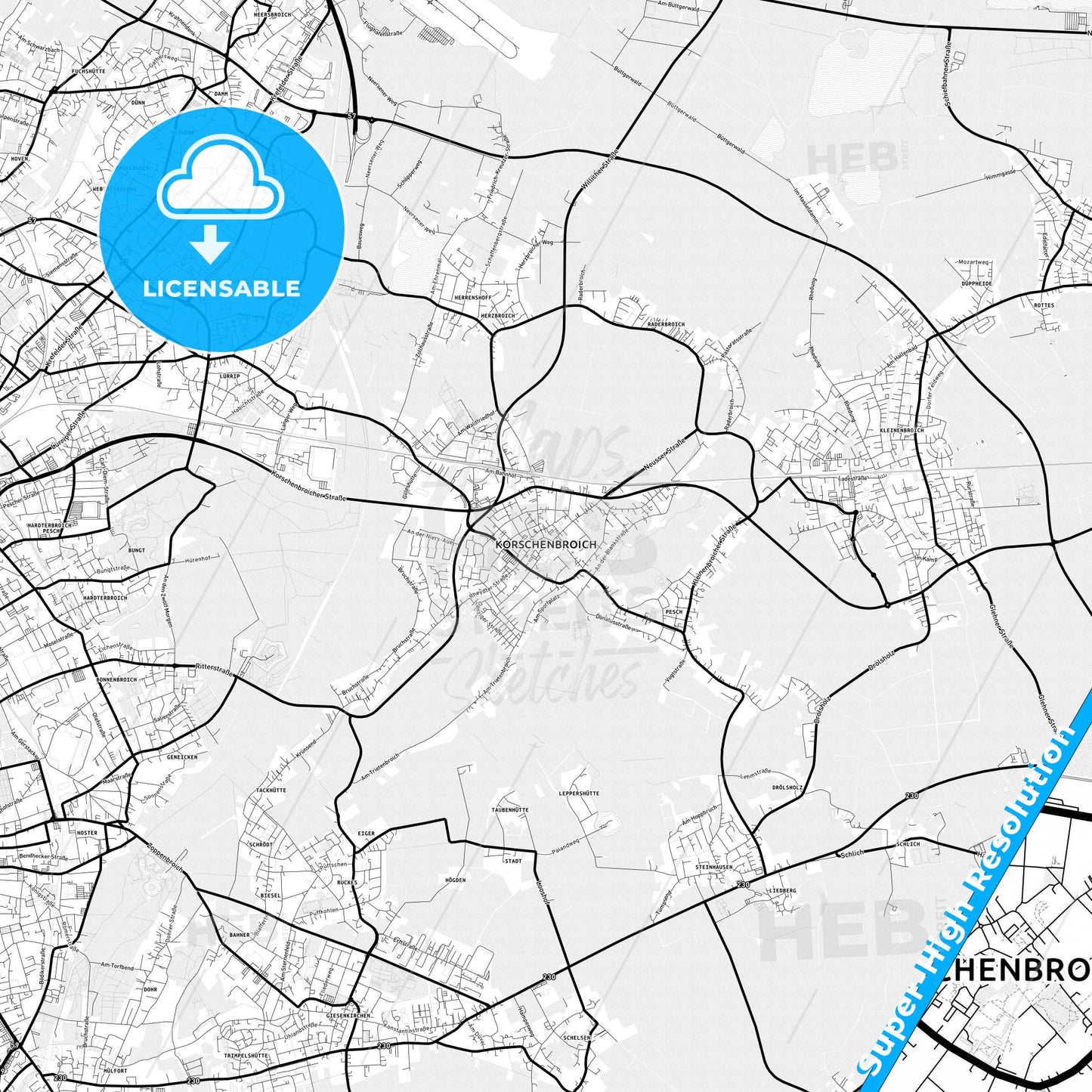 Korschenbroich, Germany Light Map with Street Names, City Names, and Districts