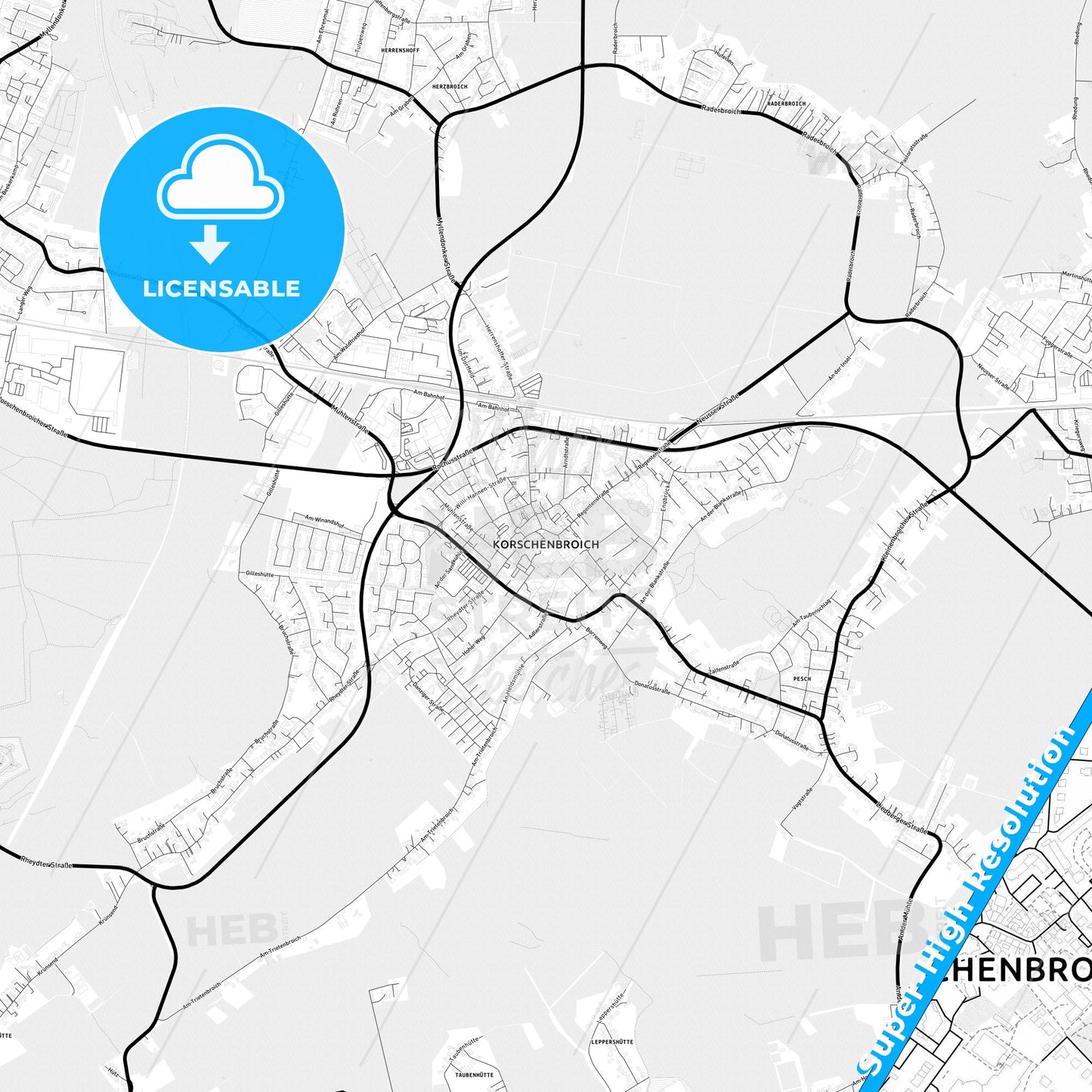 Korschenbroich, Germany Light Map with Street Names, City Names, and Districts