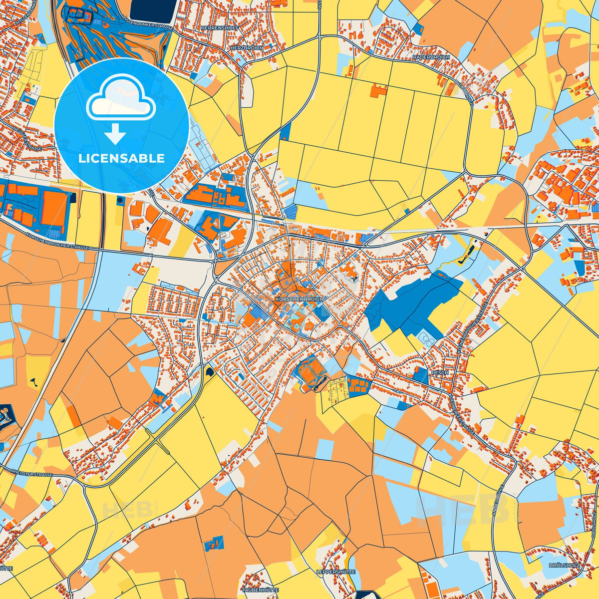Colorful Korschenbroich Street Map with Labels and Buildings