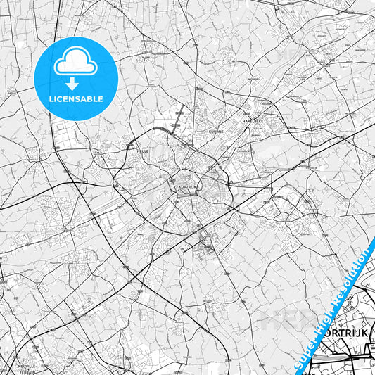 Kortrijk, Belgium light map with streetnames, citynames and districts