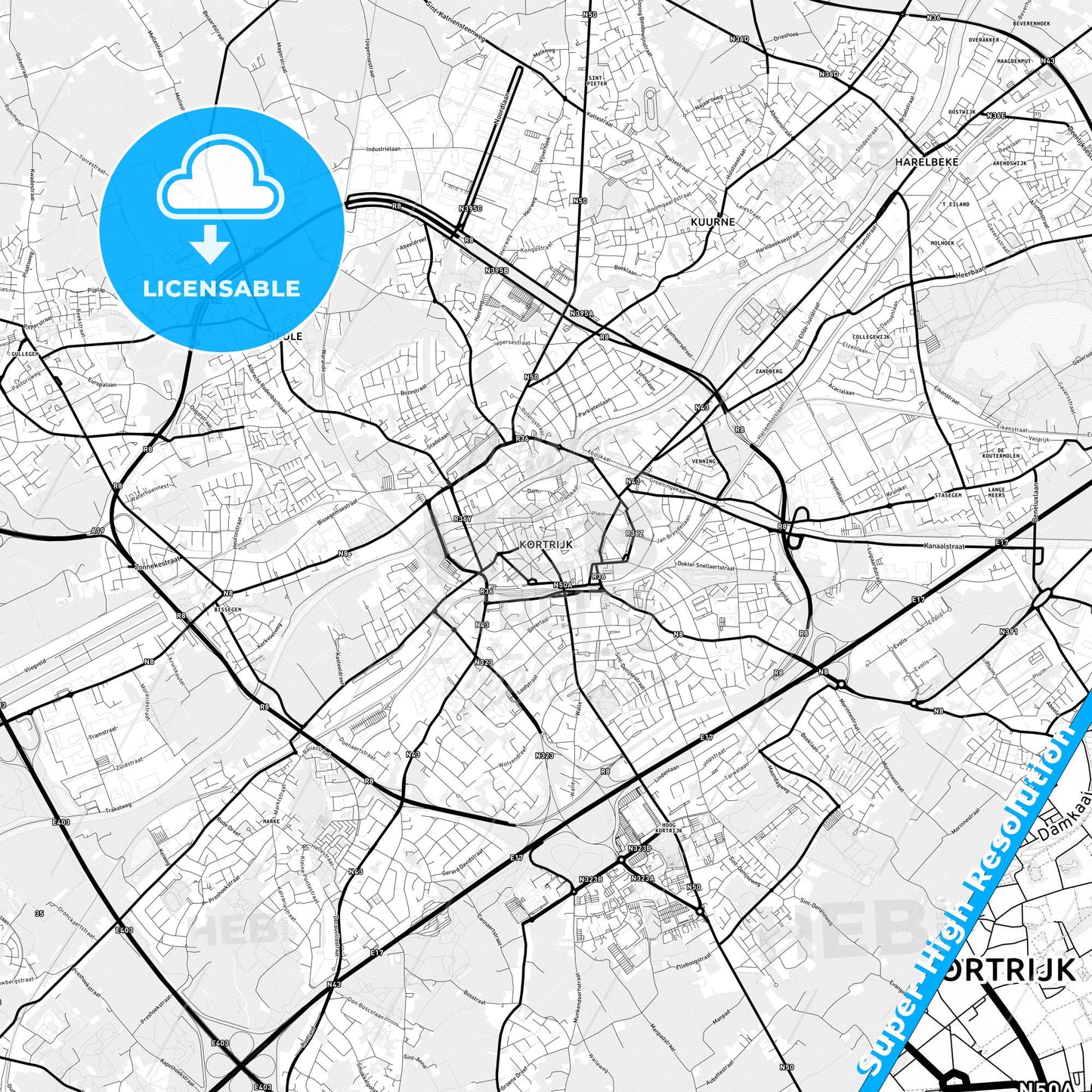 Kortrijk, Belgium Light Map with Street Names, City Names, and Districts