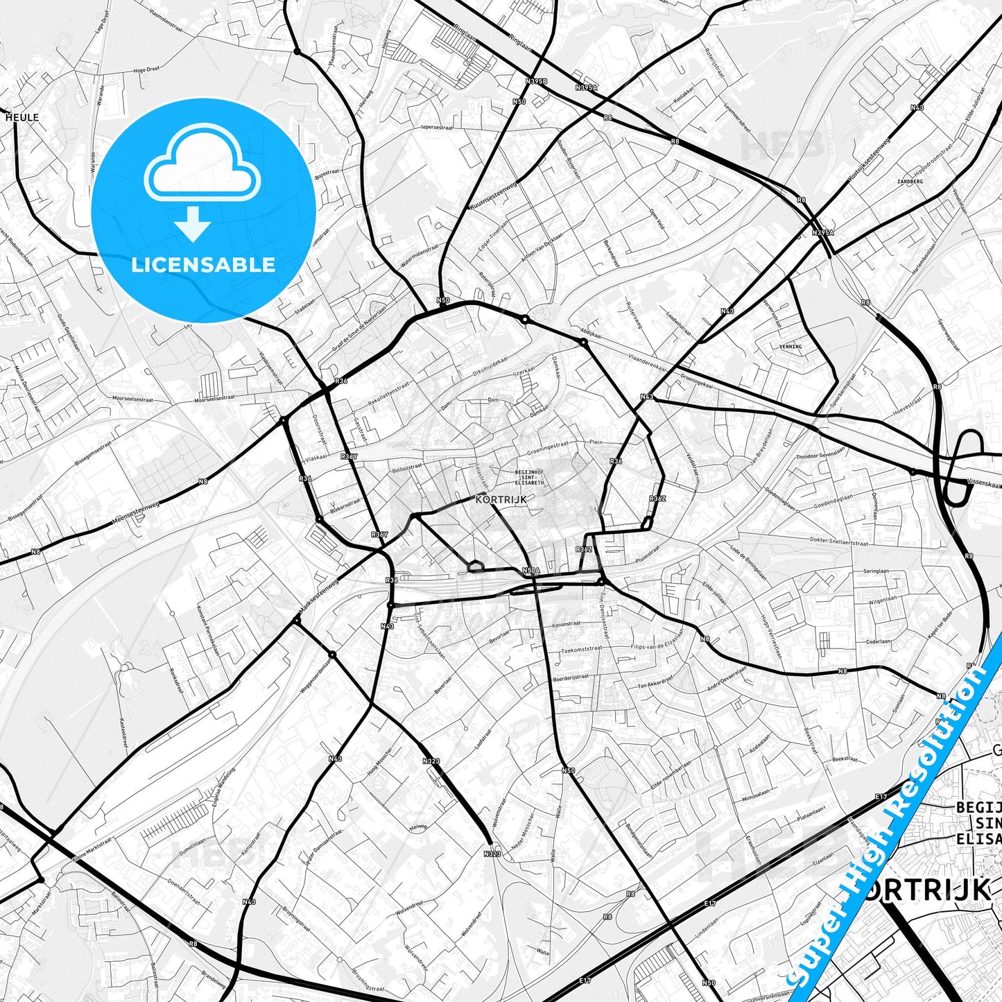 Kortrijk, Belgium Light Map with Street Names, City Names, and Districts