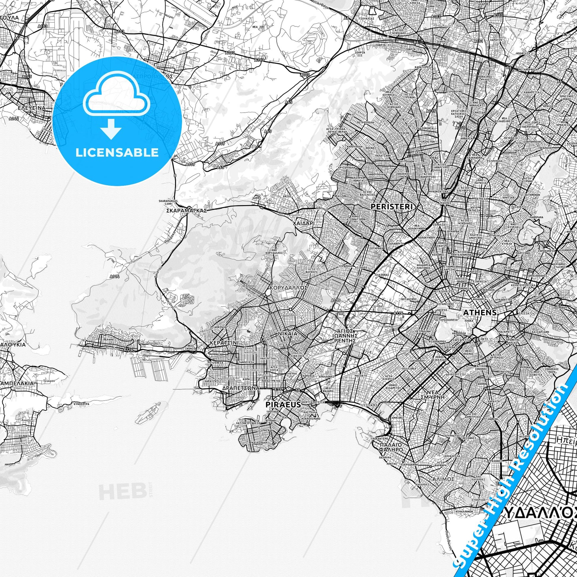 Korydallos, Greece light map with streetnames, citynames and districts