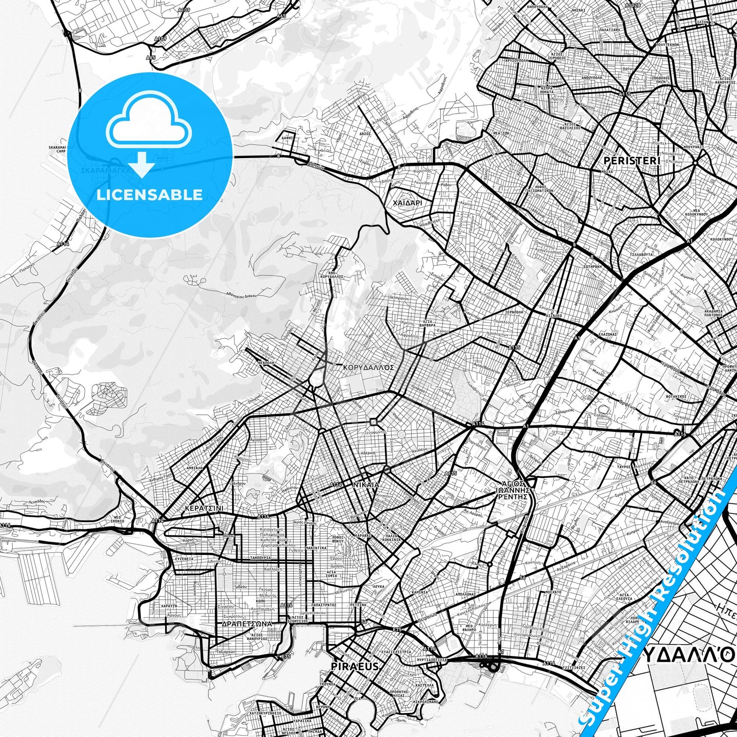 Korydallos, Greece Light Map with Street Names, City Names, and Districts