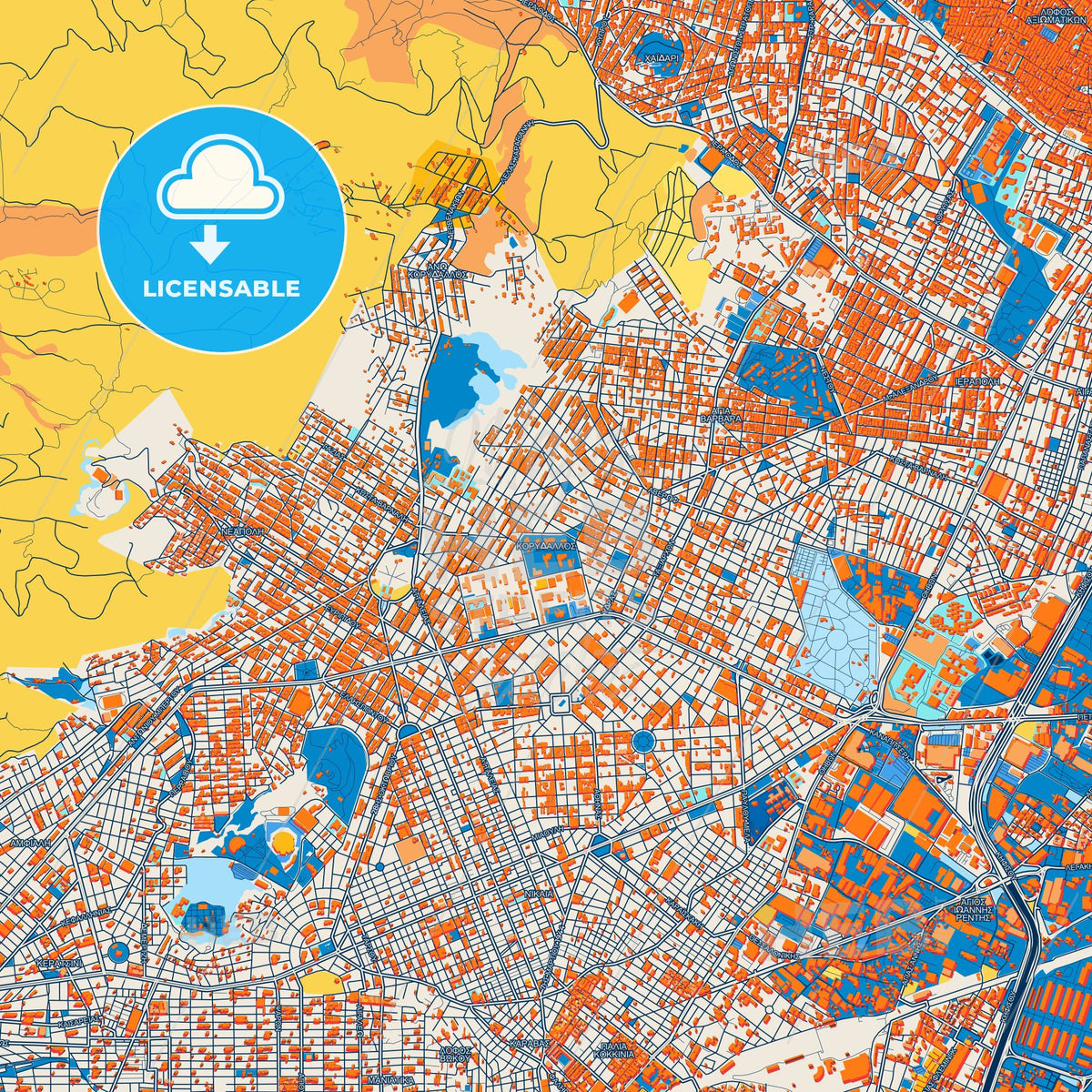 Colorful Korydallos Street Map with Labels and Buildings